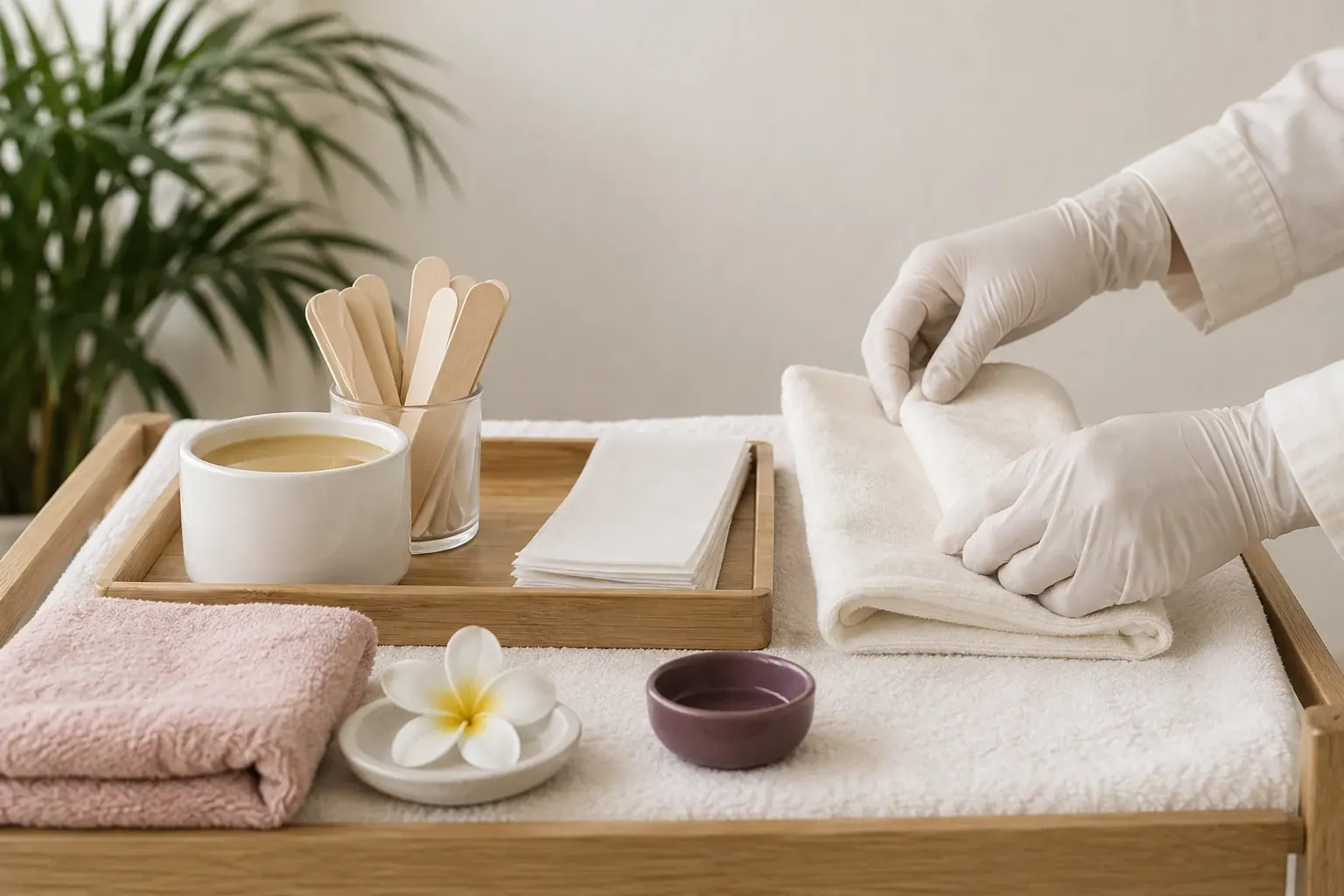 Gloved hands fold a fresh drape behind neatly arranged wax preparation tools.