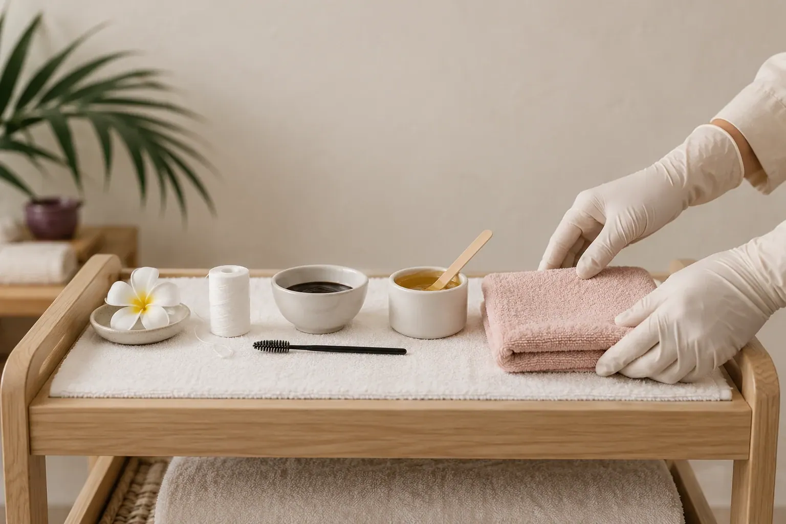 Gloved hands arrange threading, tinting and wax tools on separate dishes beside clean linen.