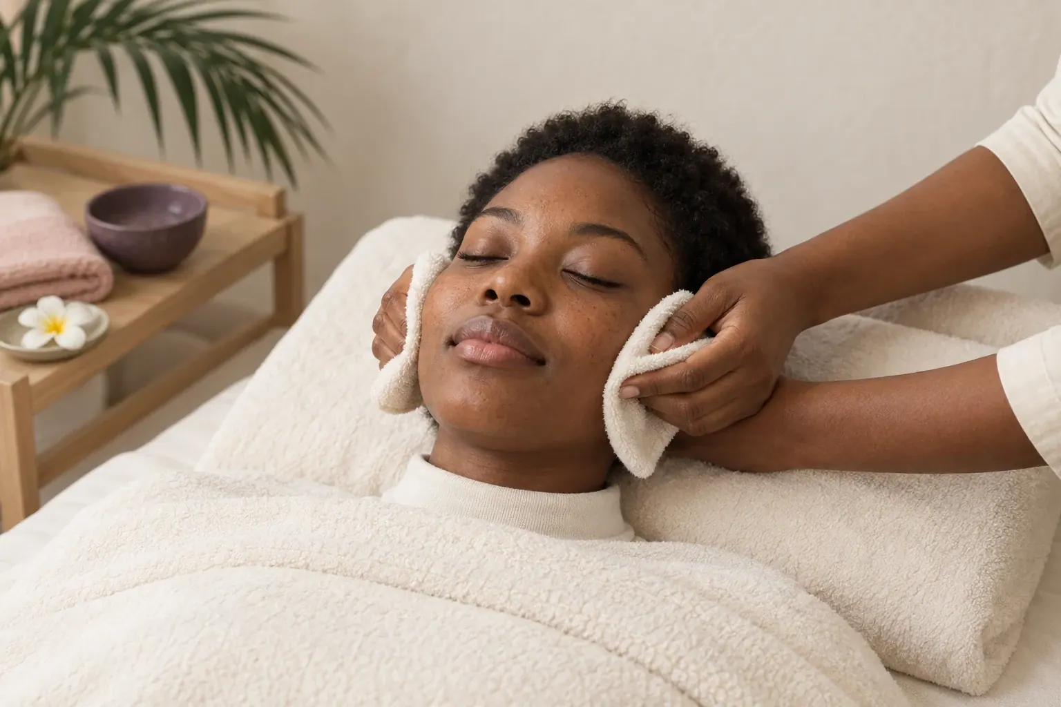 A guest rests under ivory linen while hands hold a soft cloth beside the cheeks.