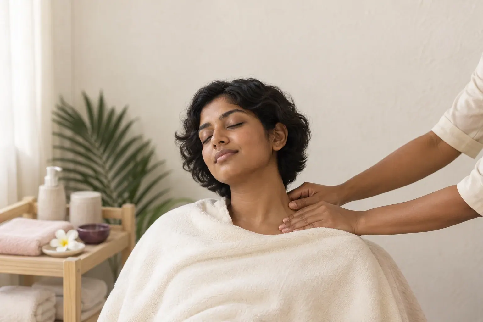 A seated guest receives gentle shoulder contact while wrapped securely in ivory linen.