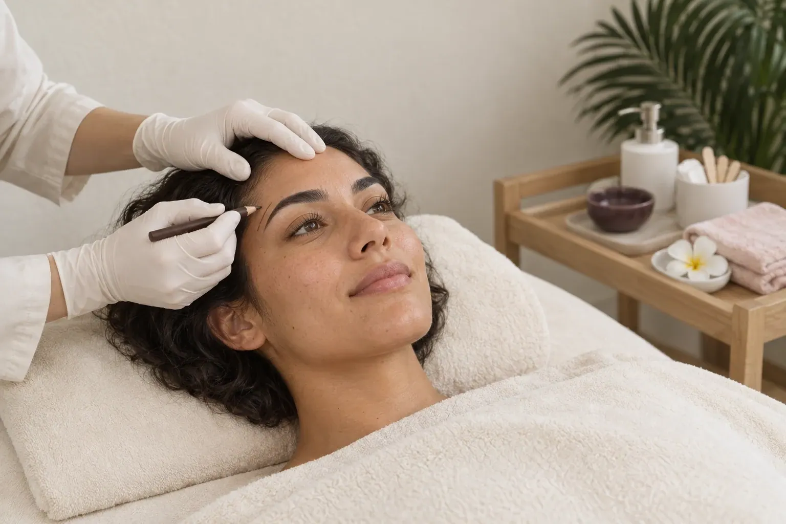Gloved hands check a natural brow outline with a plain mapping pencil.