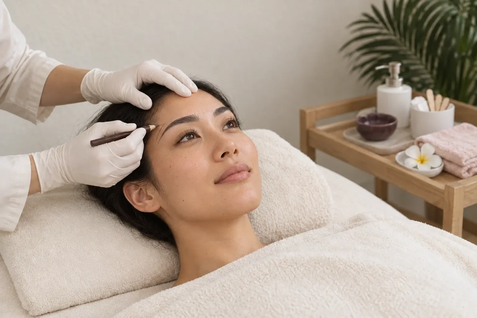 Gloved hands check a natural brow outline with a plain mapping pencil.