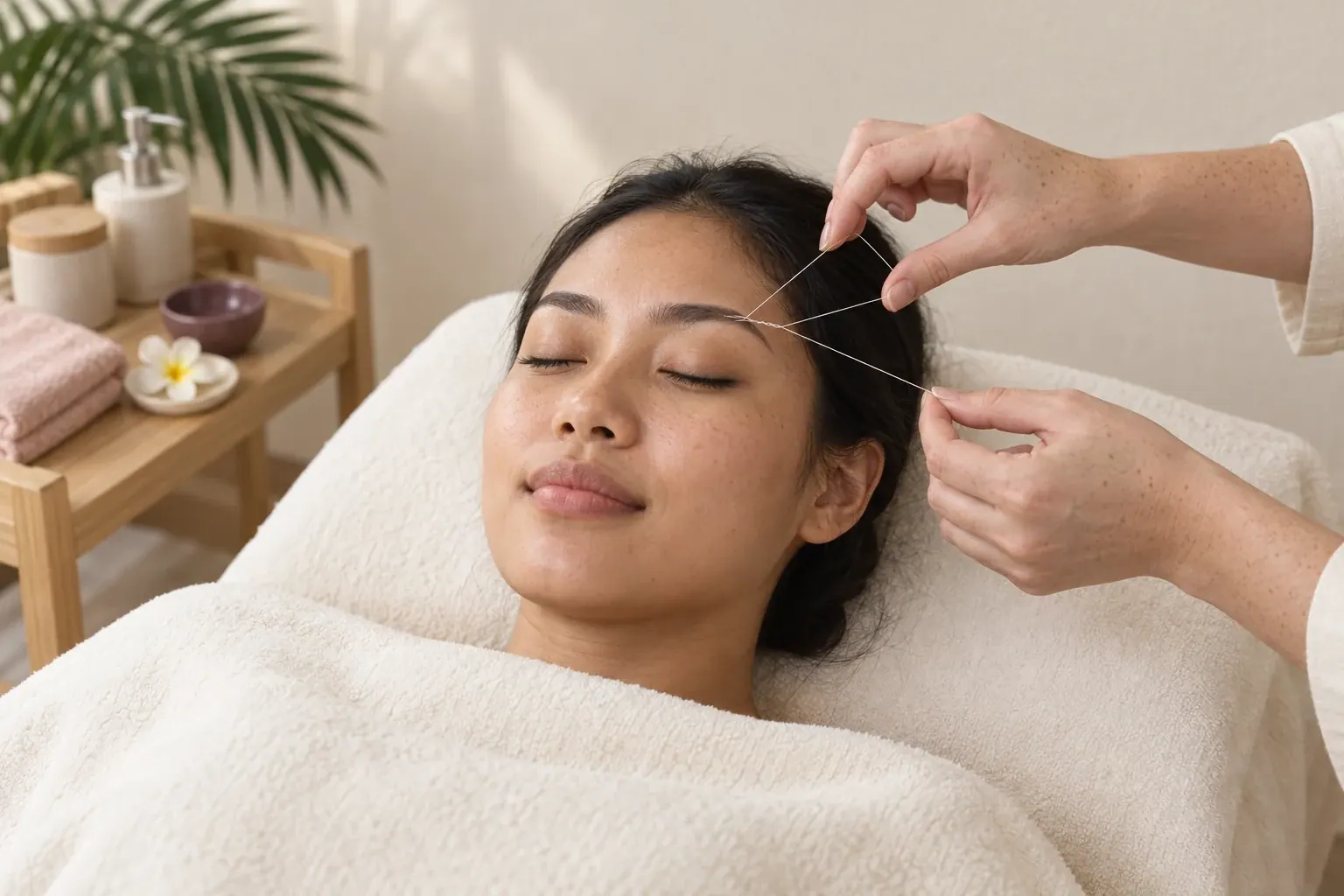 Cotton thread follows a guest's natural eyebrow while both working hands remain clearly visible.