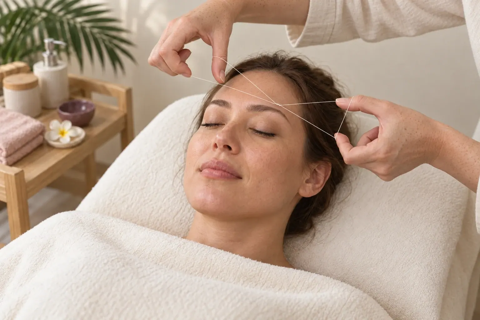 A crossed cotton-thread loop is held between both hands during eyebrow threading.