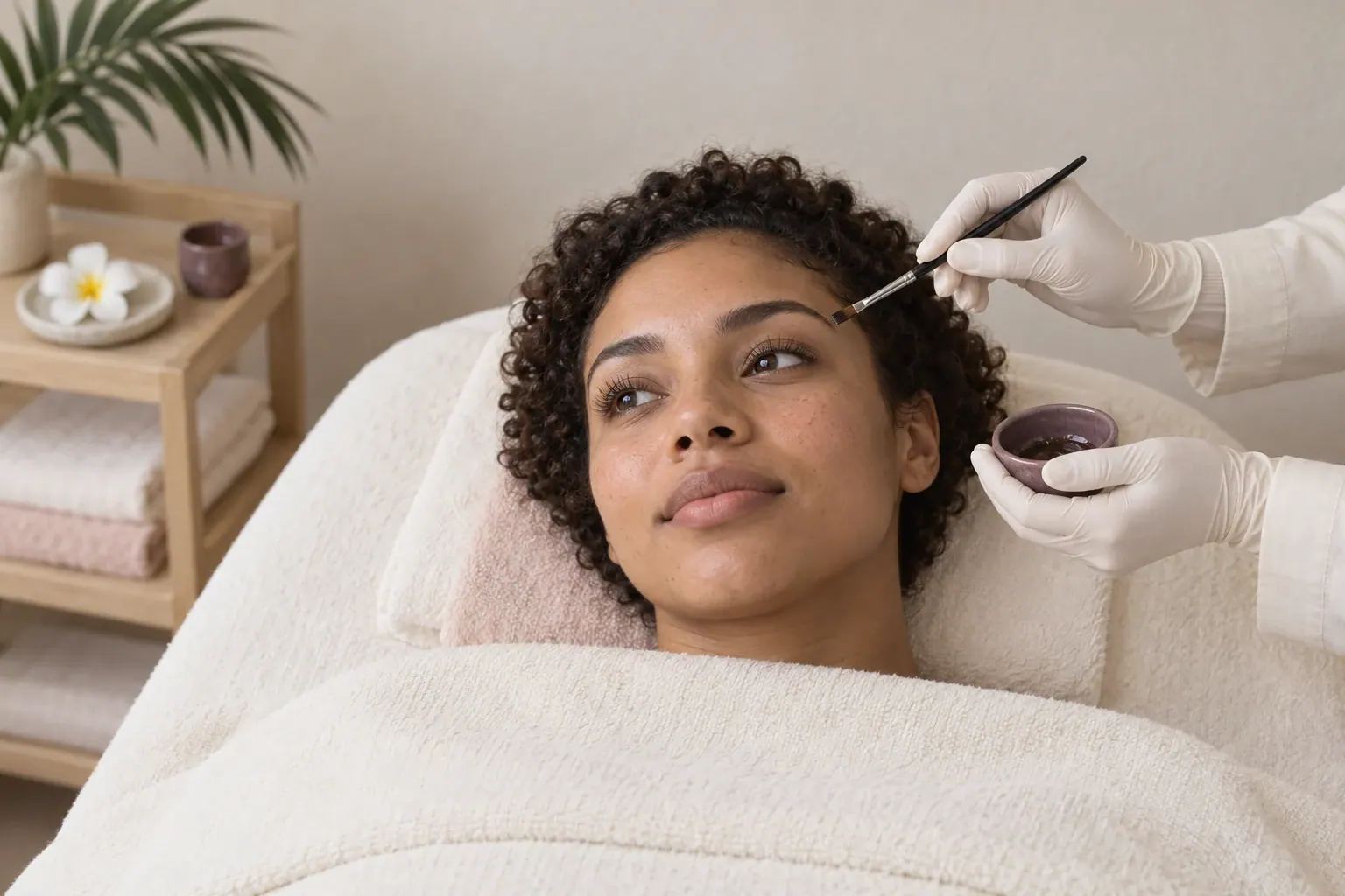 Gloved hands hold a slim brush above a guest's brow beside a small tint bowl.