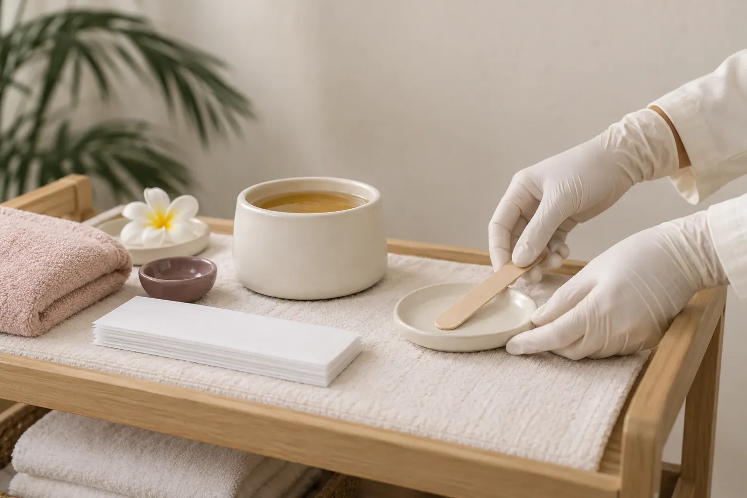 Gloved hands set a wooden applicator beside a plain wax pot and folded towels.
