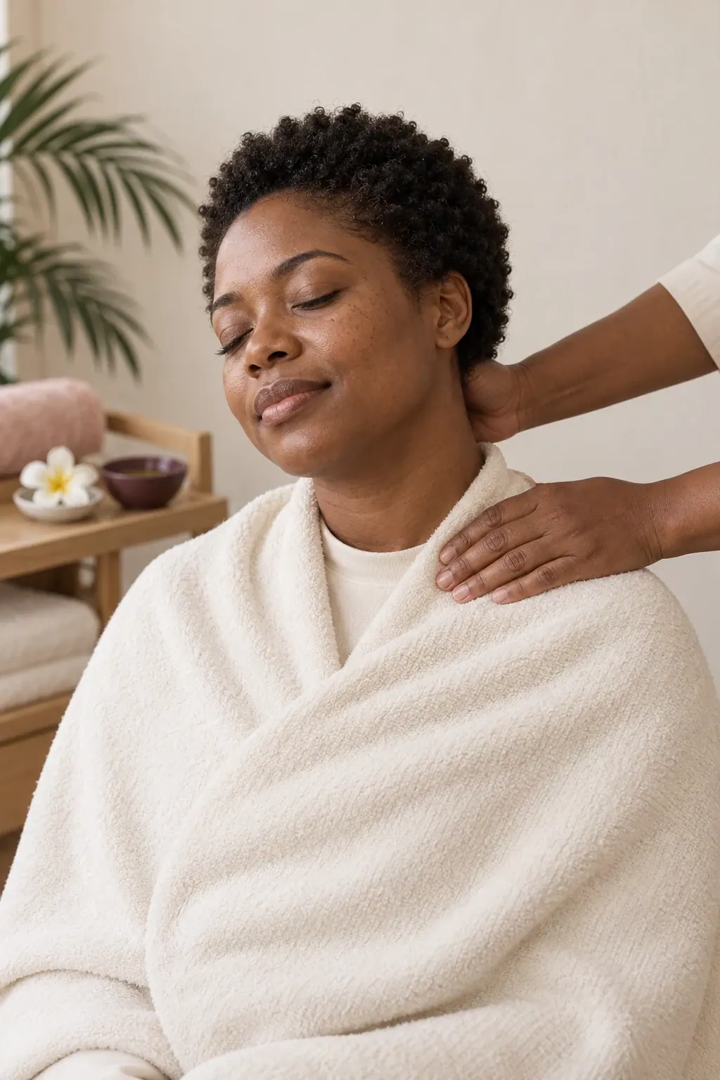A guest receives a neck massage beside a plain oil bowl and folded towels.
