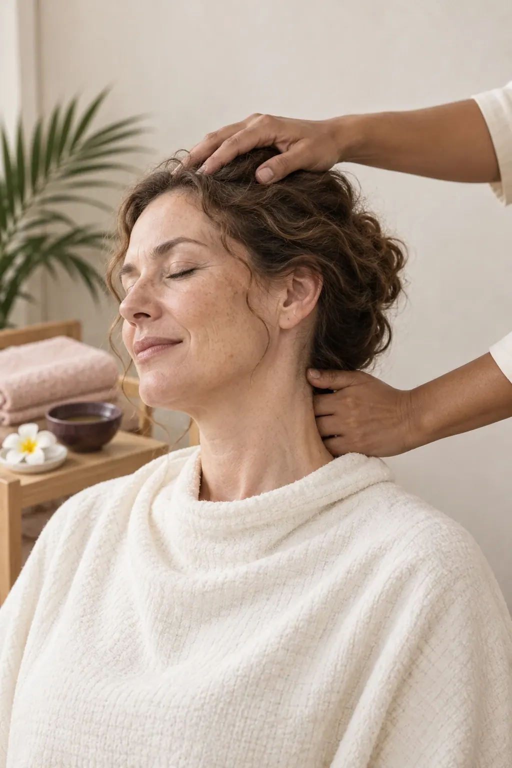Hands gently massage a guest's scalp and neck beside a plain bowl of oil.