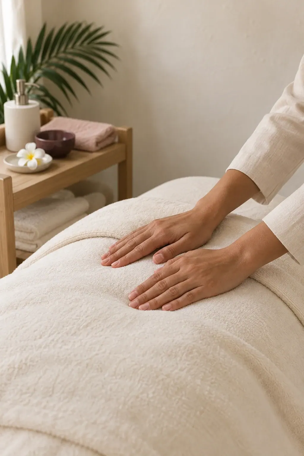 Hands rest gently on a guest's covered upper back beneath an opaque ivory towel.