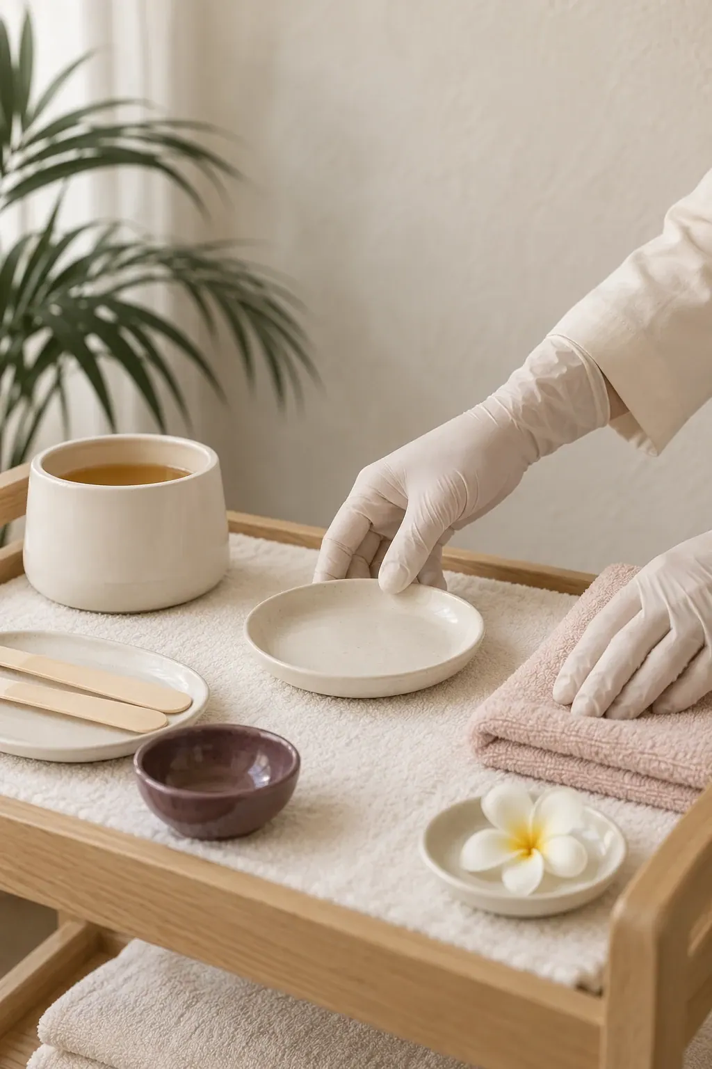 Gloved hands arrange a plain wax pot and wooden applicators beside folded ivory towels.