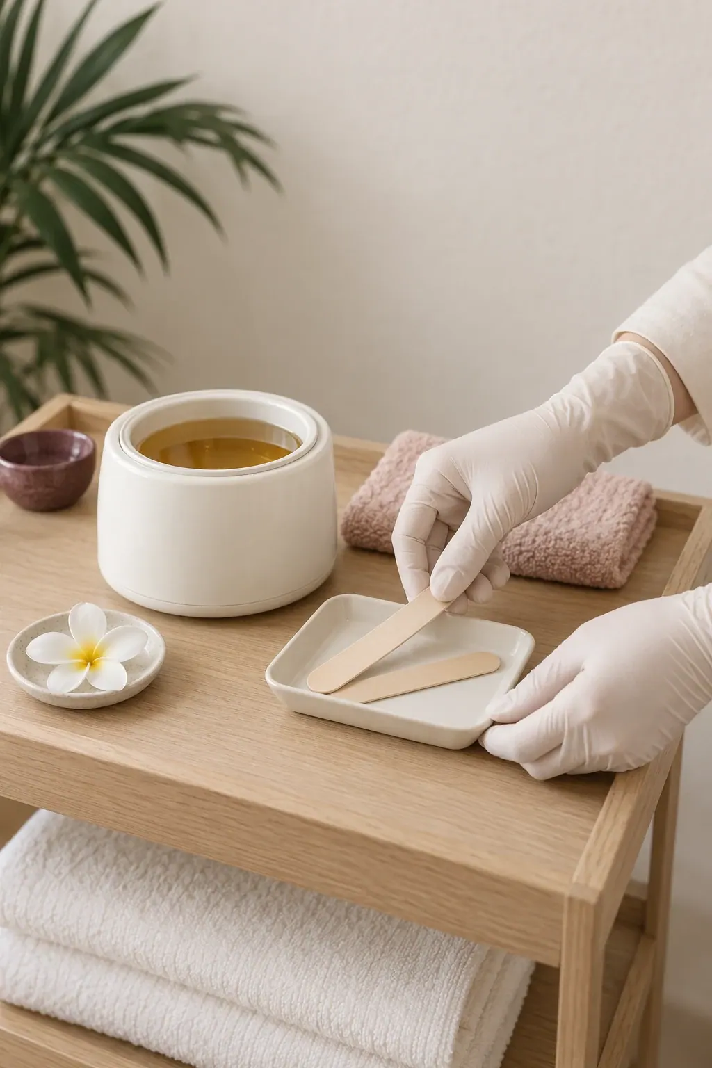 Gloved hands arrange a plain wax pot and wooden applicators beside folded ivory towels.