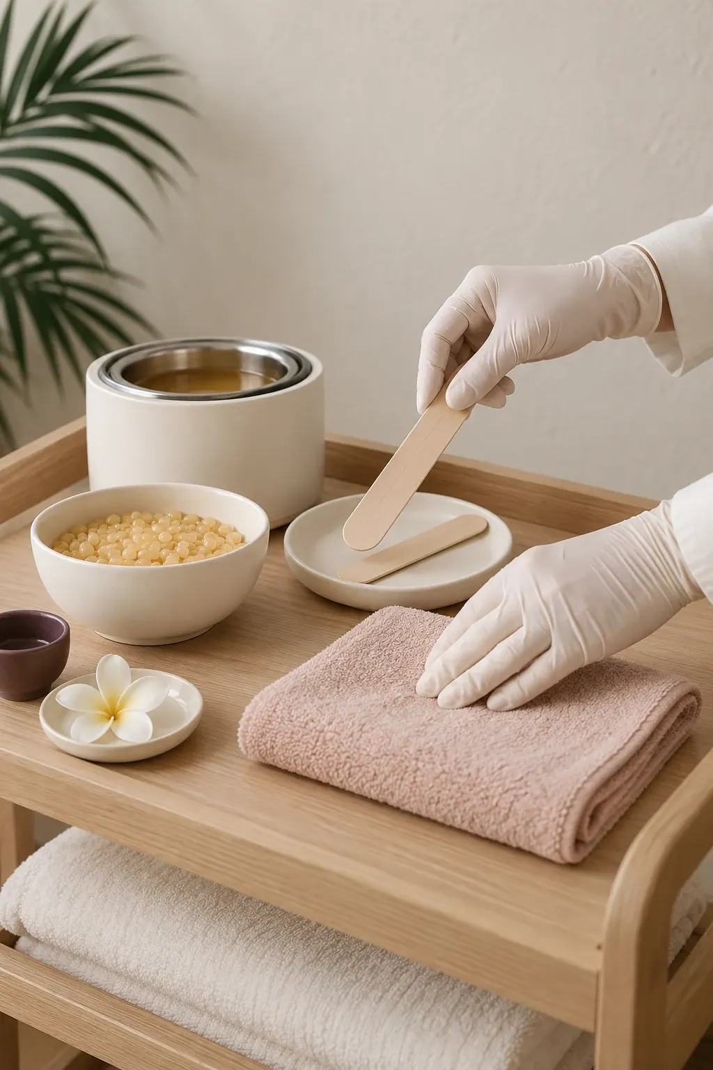 Gloved hands prepare hard-wax beads and wooden applicators beside folded ivory towels.