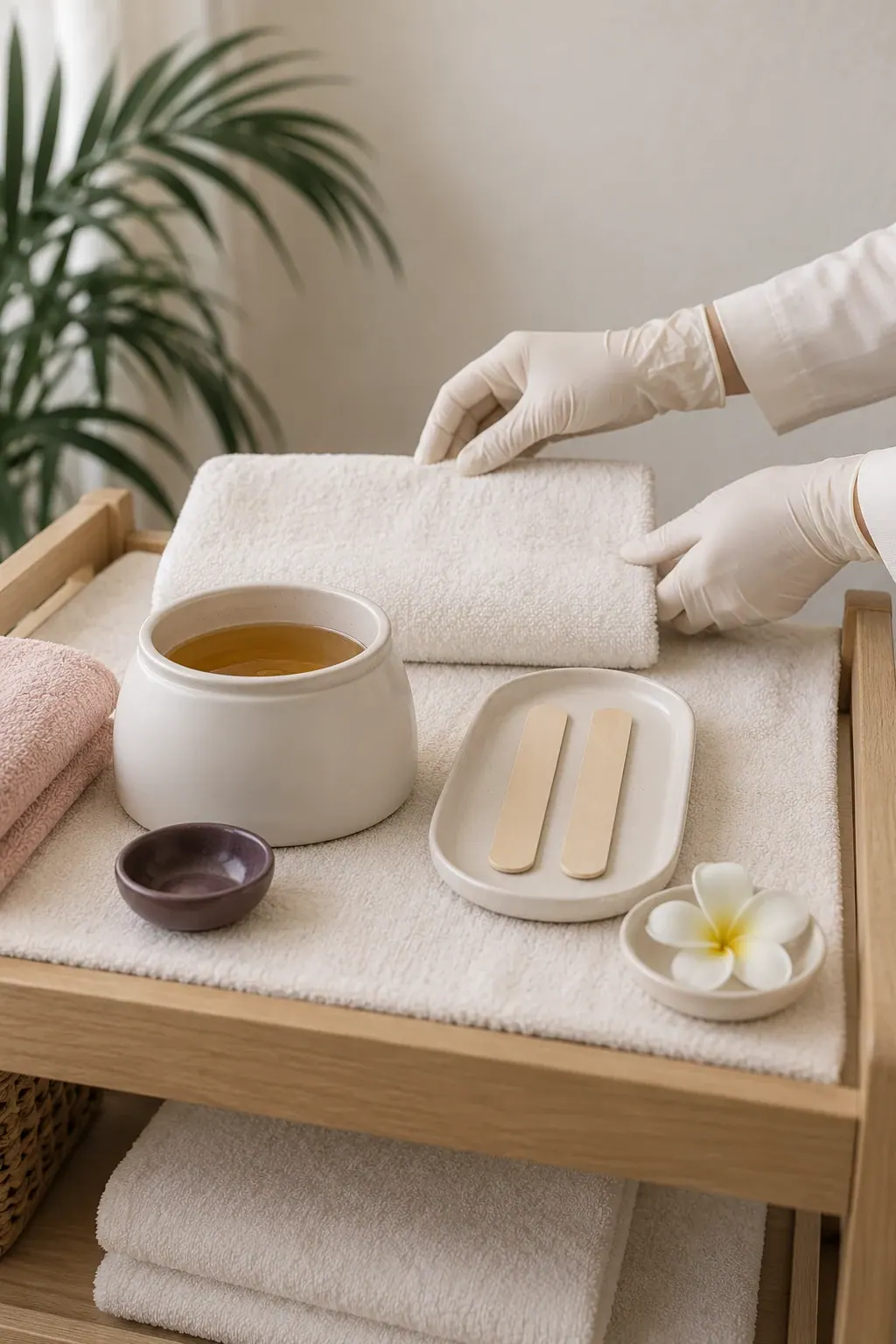 Gloved hands arrange a plain wax pot and wooden applicators beside folded ivory towels.