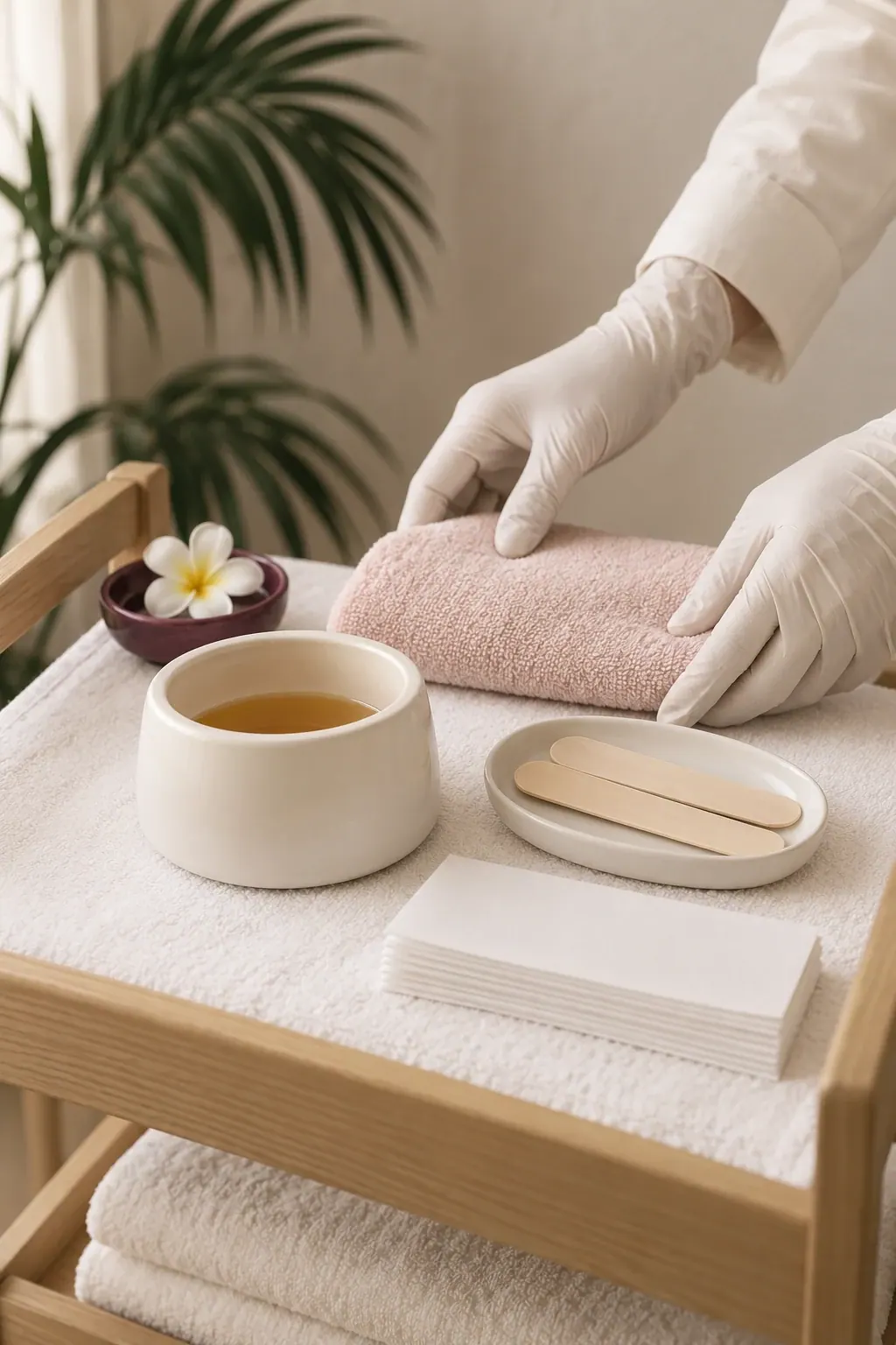Gloved hands arrange wax strips and wooden applicators beside clean towels and a plain wax pot.