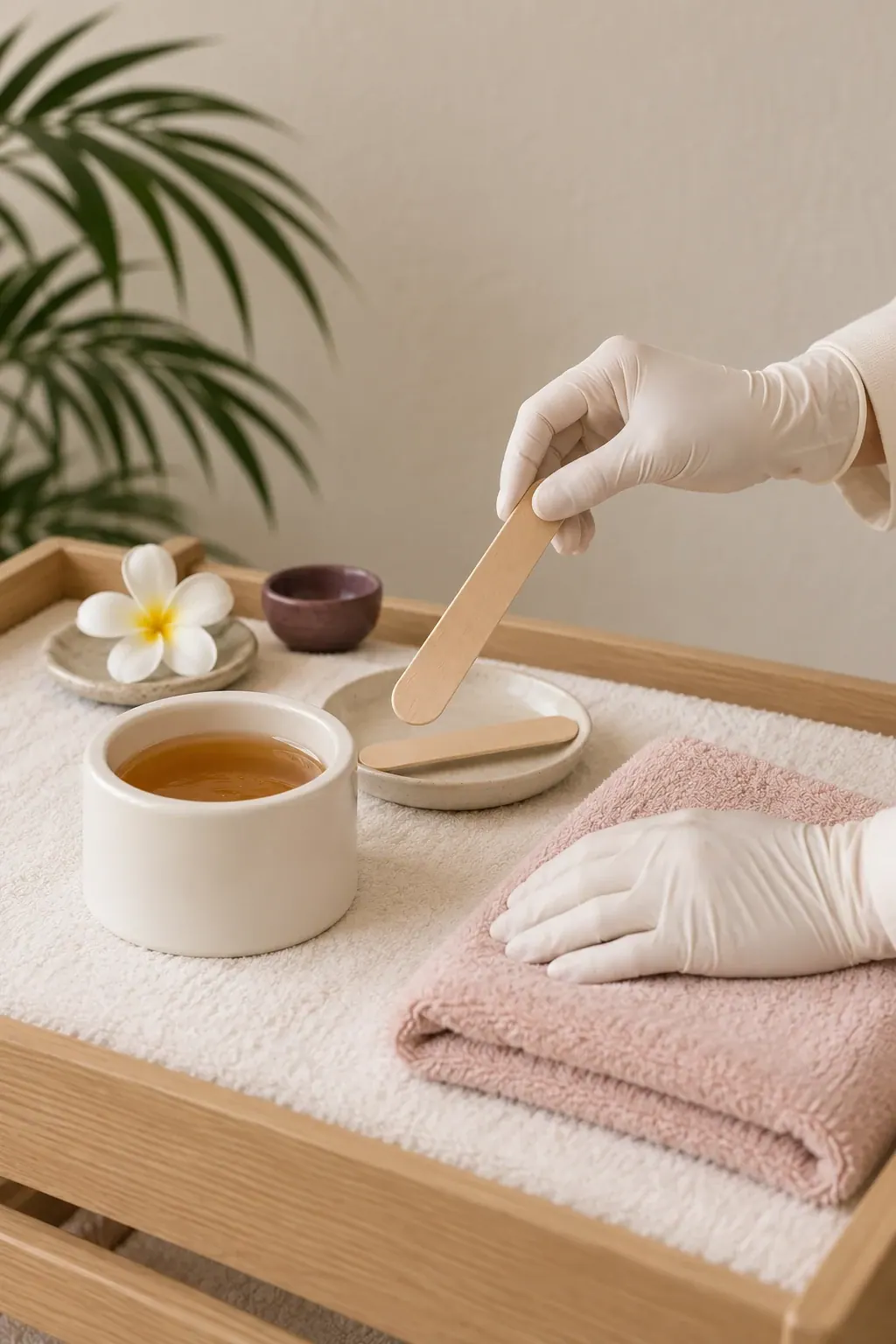 Gloved hands arrange a plain wax pot and wooden applicators beside folded ivory towels.