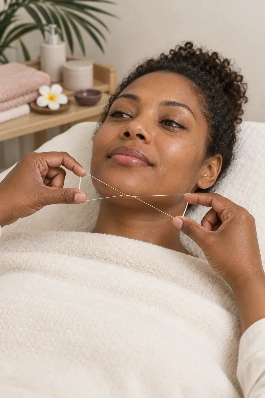 Cotton thread is held along a guest's chin during facial threading.