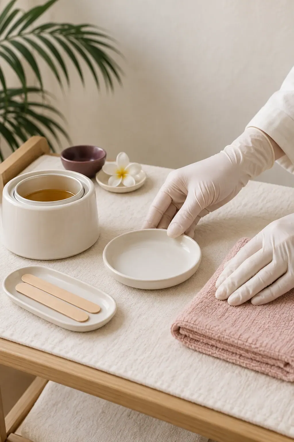 Gloved hands arrange a plain wax pot and wooden applicators beside folded ivory towels.