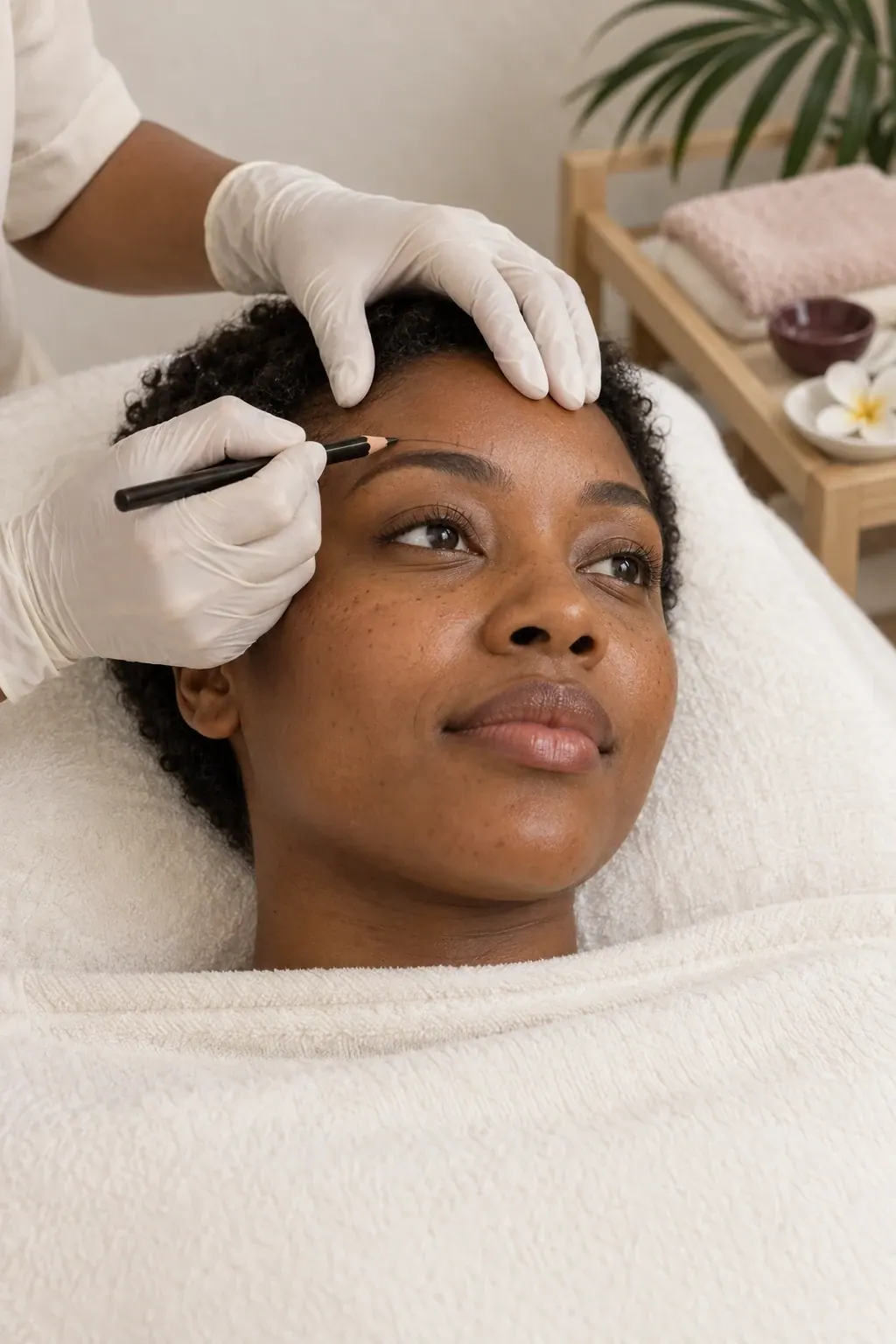 Gloved hands lightly mark a guest's natural brow outline with a plain mapping pencil.