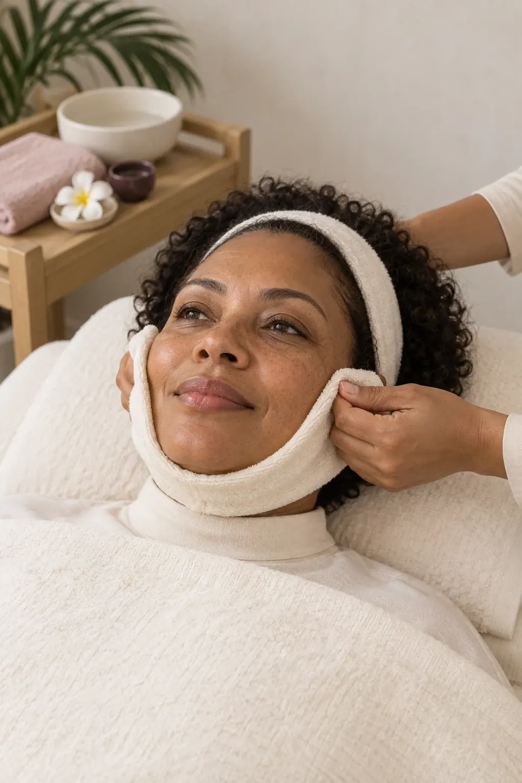 Hands hold a soft cleansing cloth beside a guest's cheeks during a facial.