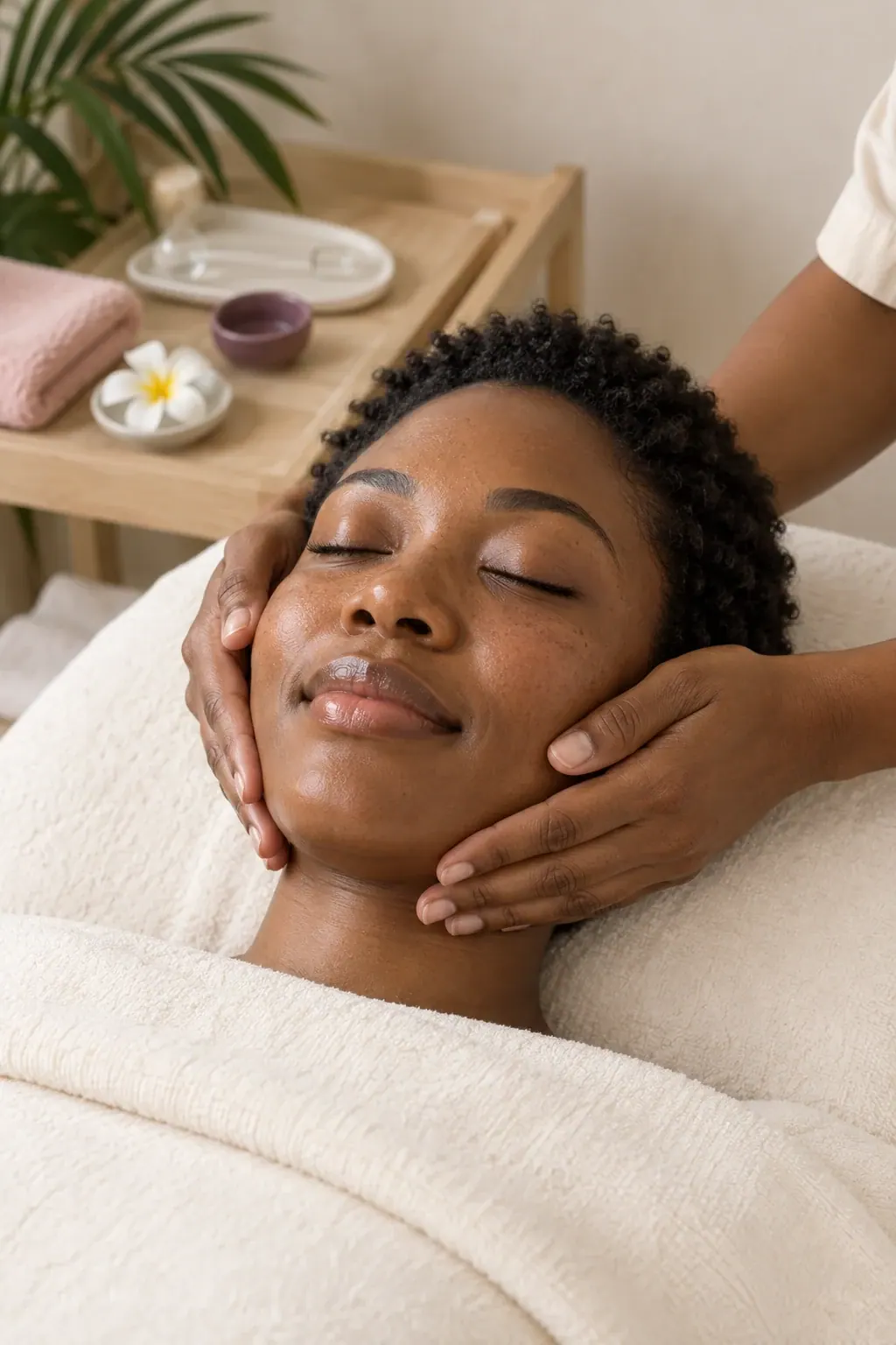 A guest receives a facial massage while resting beneath a securely folded ivory towel.