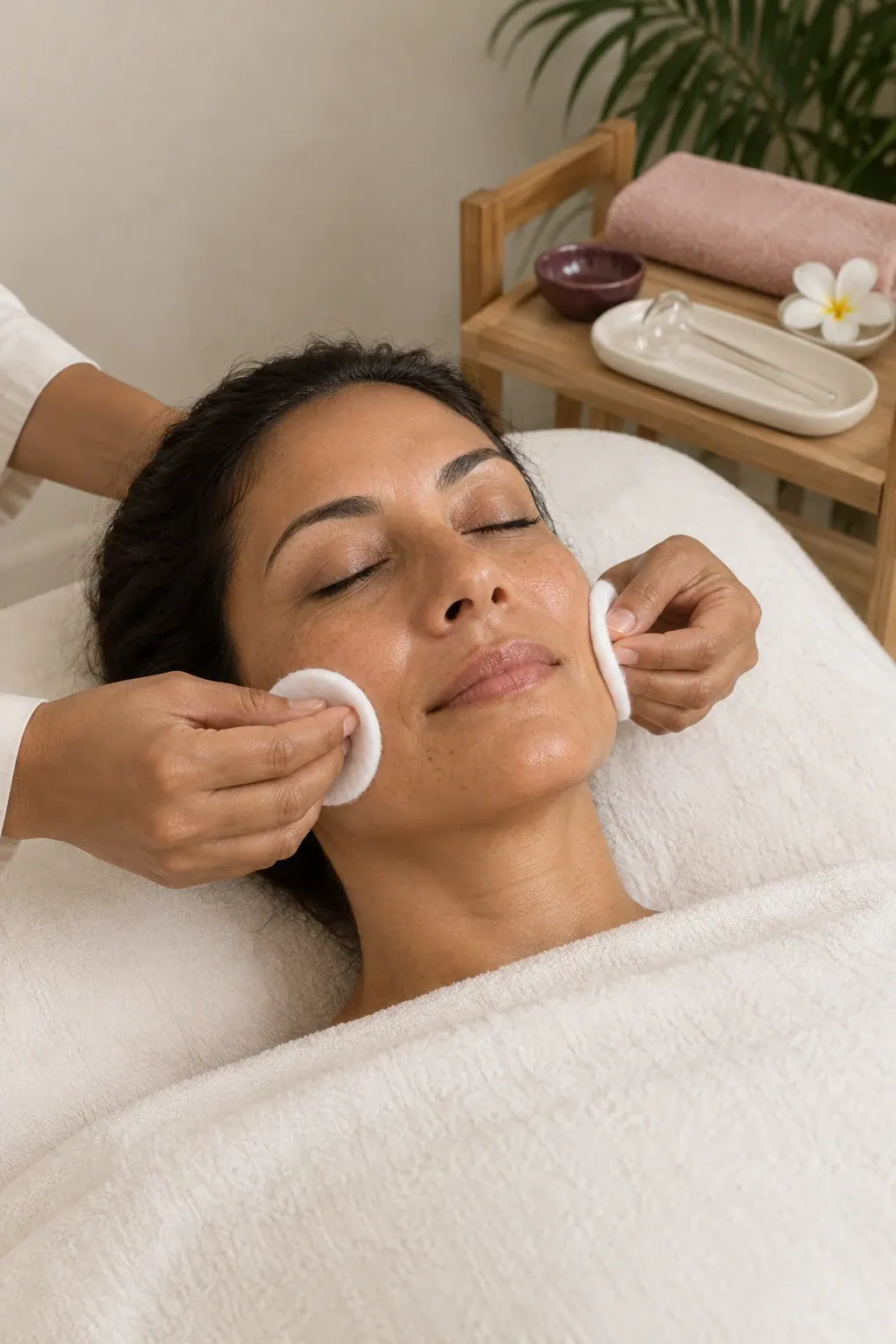 Hands hold soft cotton pads against a guest's cheeks during gentle facial cleansing.