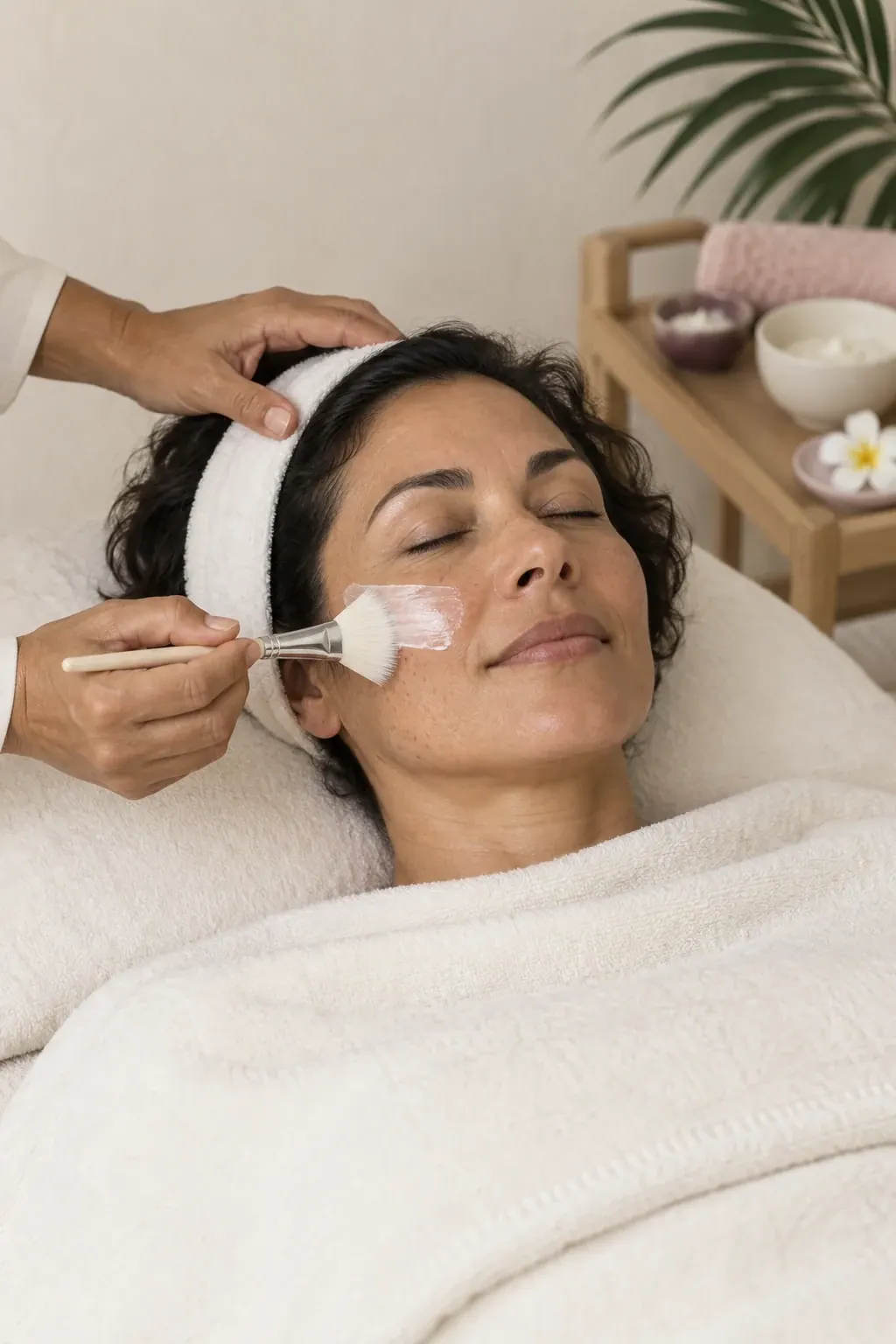 A soft brush applies a thin layer of facial cream to a guest's cheek.