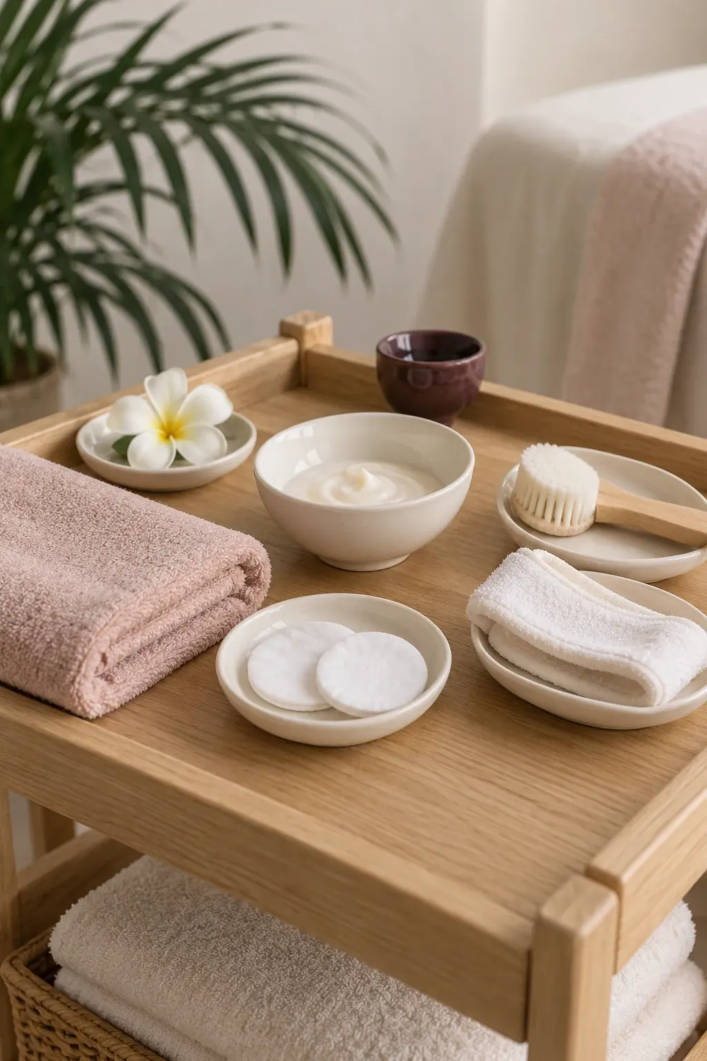 A plain bowl, cotton pads and a soft facial brush rest beside a folded headband.