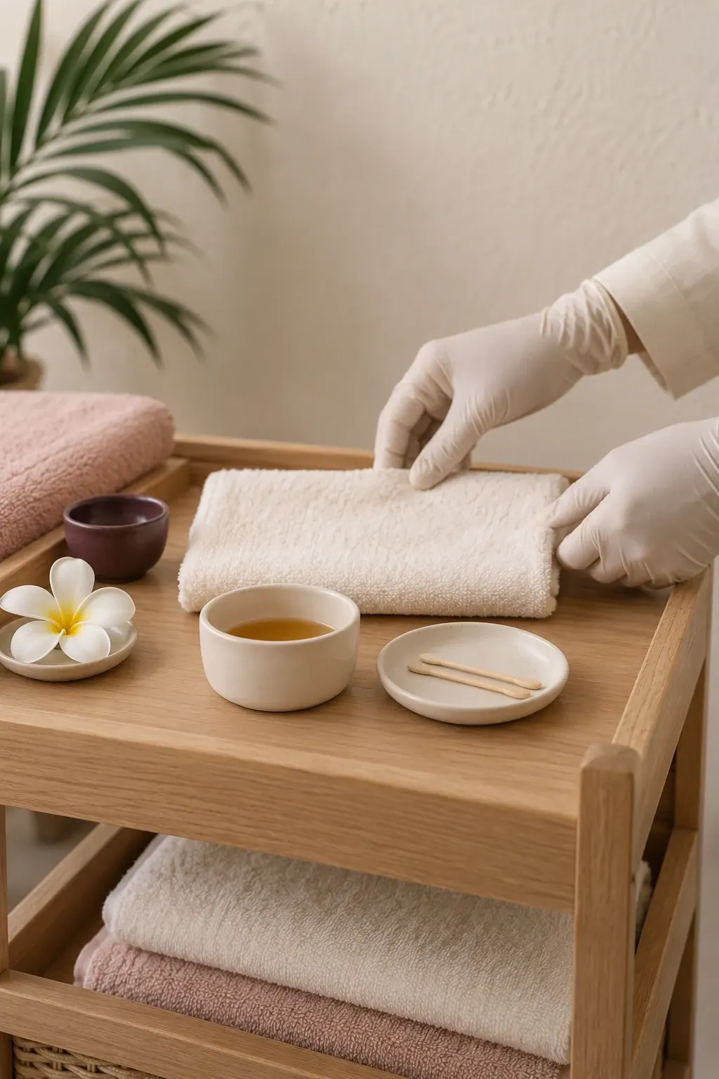 Gloved hands arrange a plain wax pot and wooden applicators beside folded ivory towels.