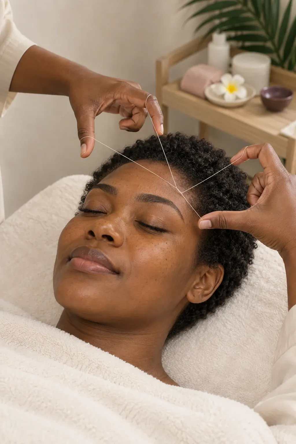 Cotton thread is held along a guest's eyebrow during threading.