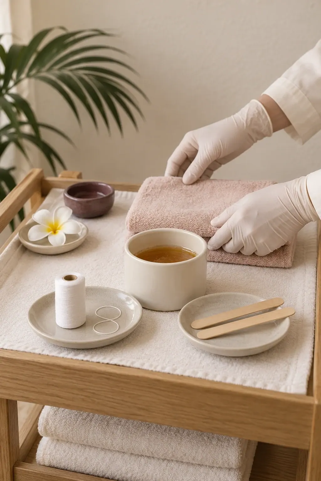Gloved hands arrange cotton thread and wax preparation tools beside folded ivory towels.