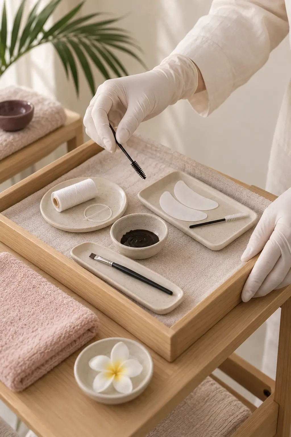 Gloved hands arrange cotton thread, brow tint tools and lash pads beside folded towels.