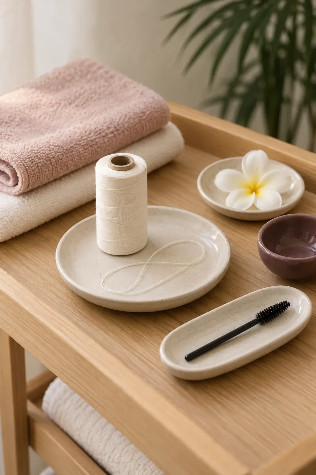 Cotton thread and a small brow brush rest on clean dishes beside folded towels.