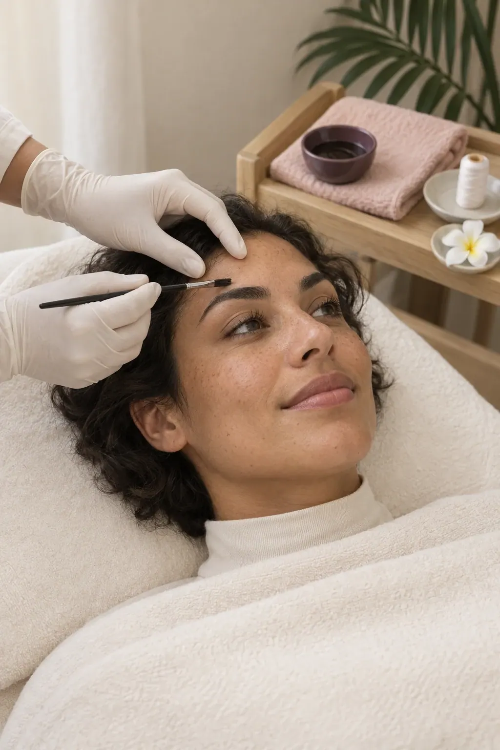 A slim brow brush is held above a guest's eyebrow beside a plain tint bowl.