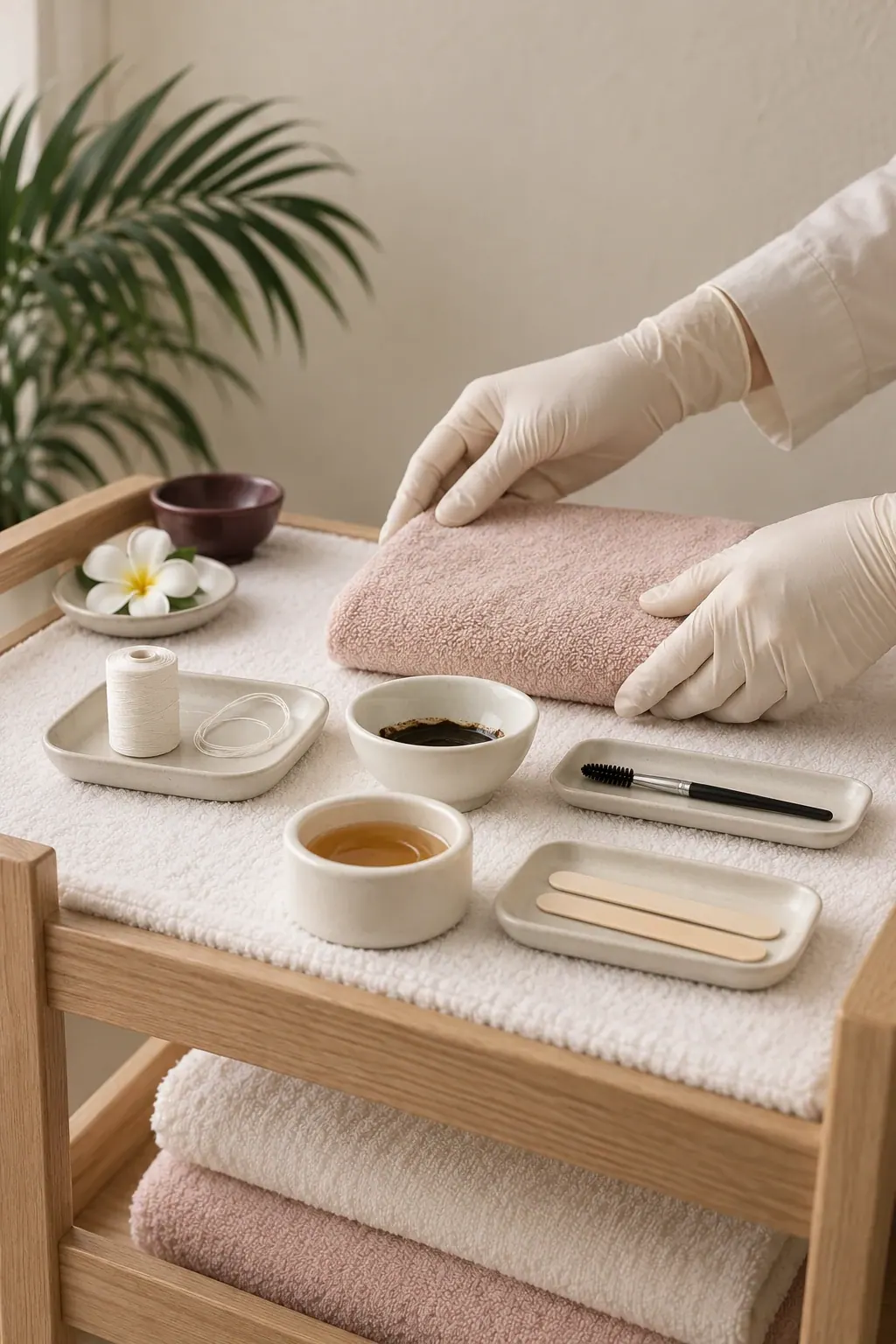Gloved hands arrange thread, tint tools and wax preparation dishes beside folded towels.