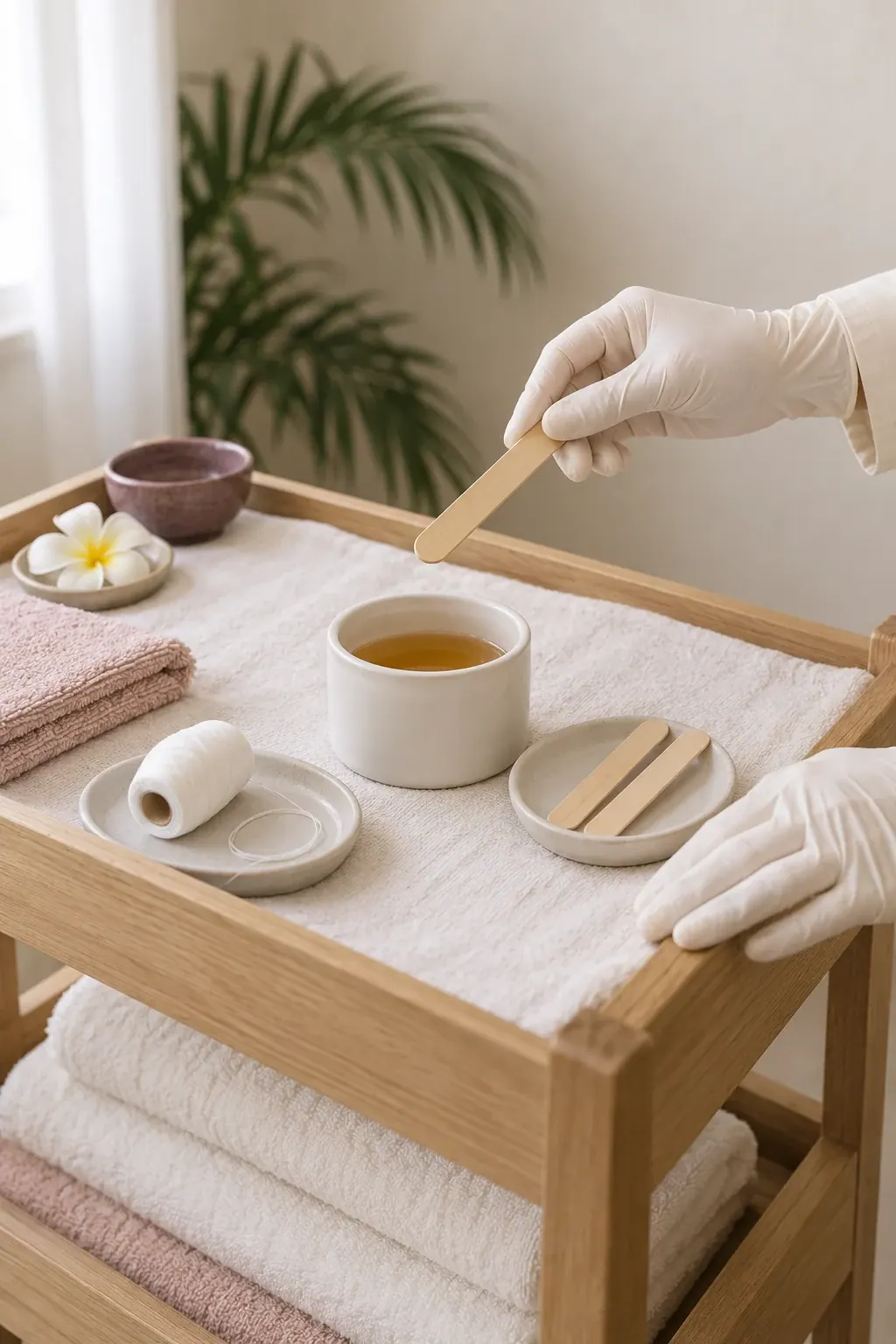 Gloved hands arrange cotton thread and wax preparation tools beside folded ivory towels.