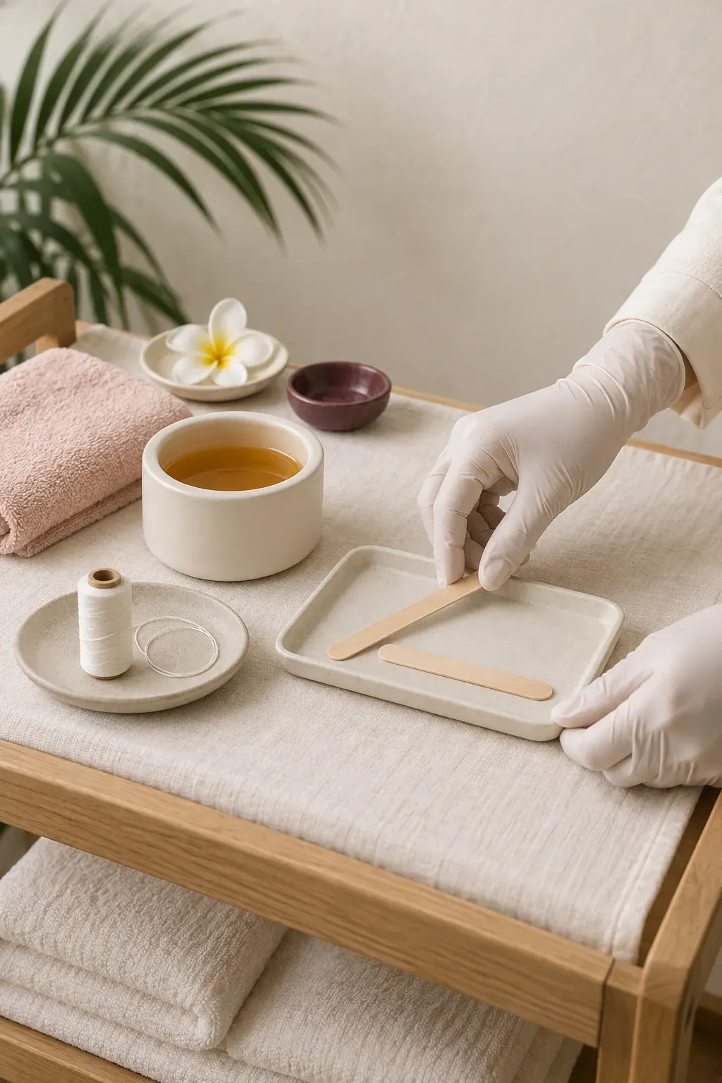 Gloved hands arrange cotton thread and wax preparation tools beside folded ivory towels.
