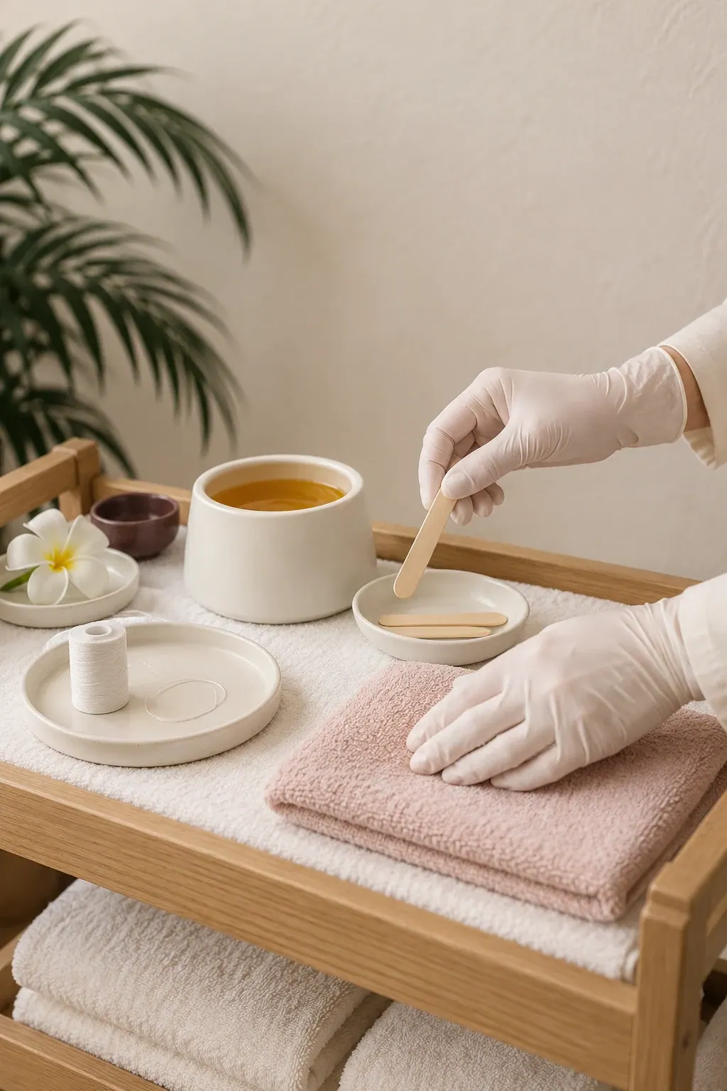 Gloved hands arrange cotton thread and wax preparation tools beside folded ivory towels.