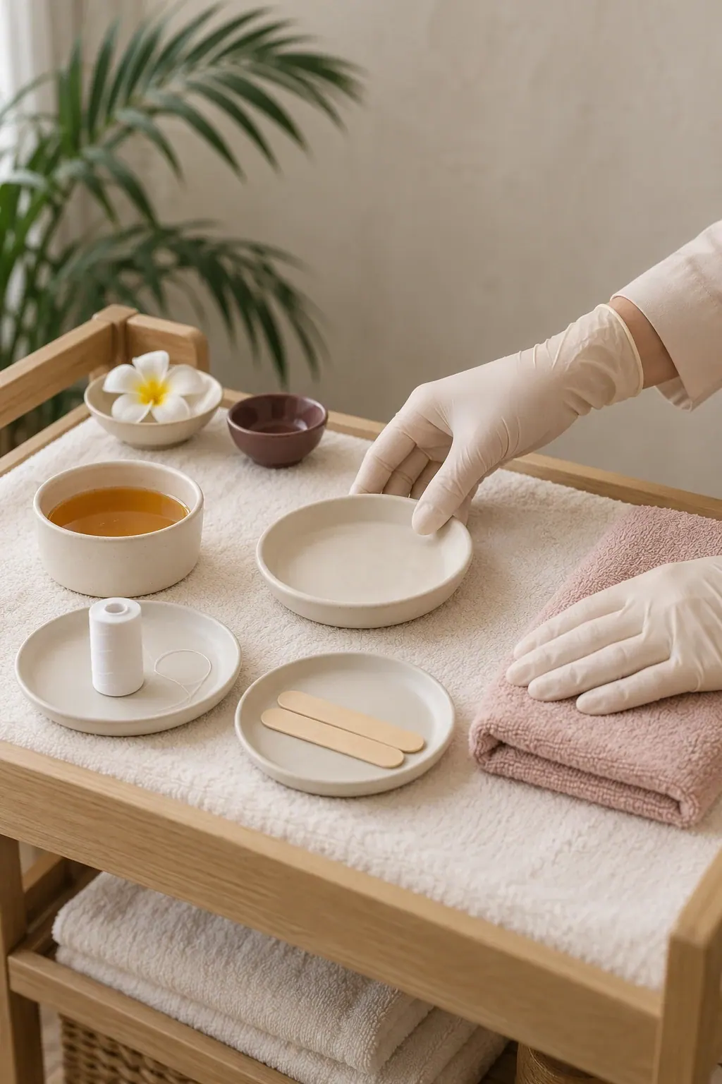 Gloved hands arrange cotton thread and wax preparation tools beside folded ivory towels.