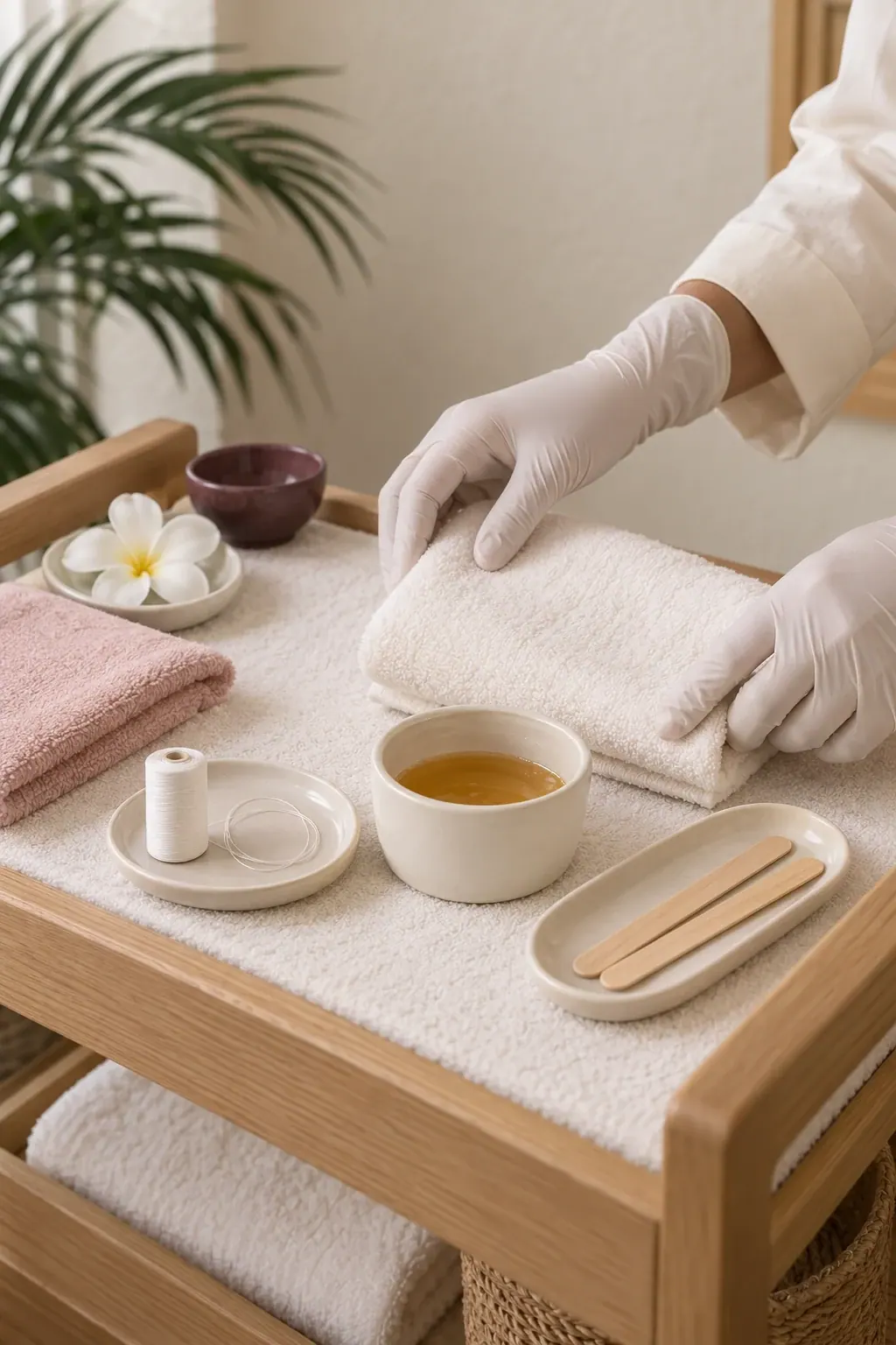 Gloved hands arrange cotton thread and wax preparation tools beside folded ivory towels.