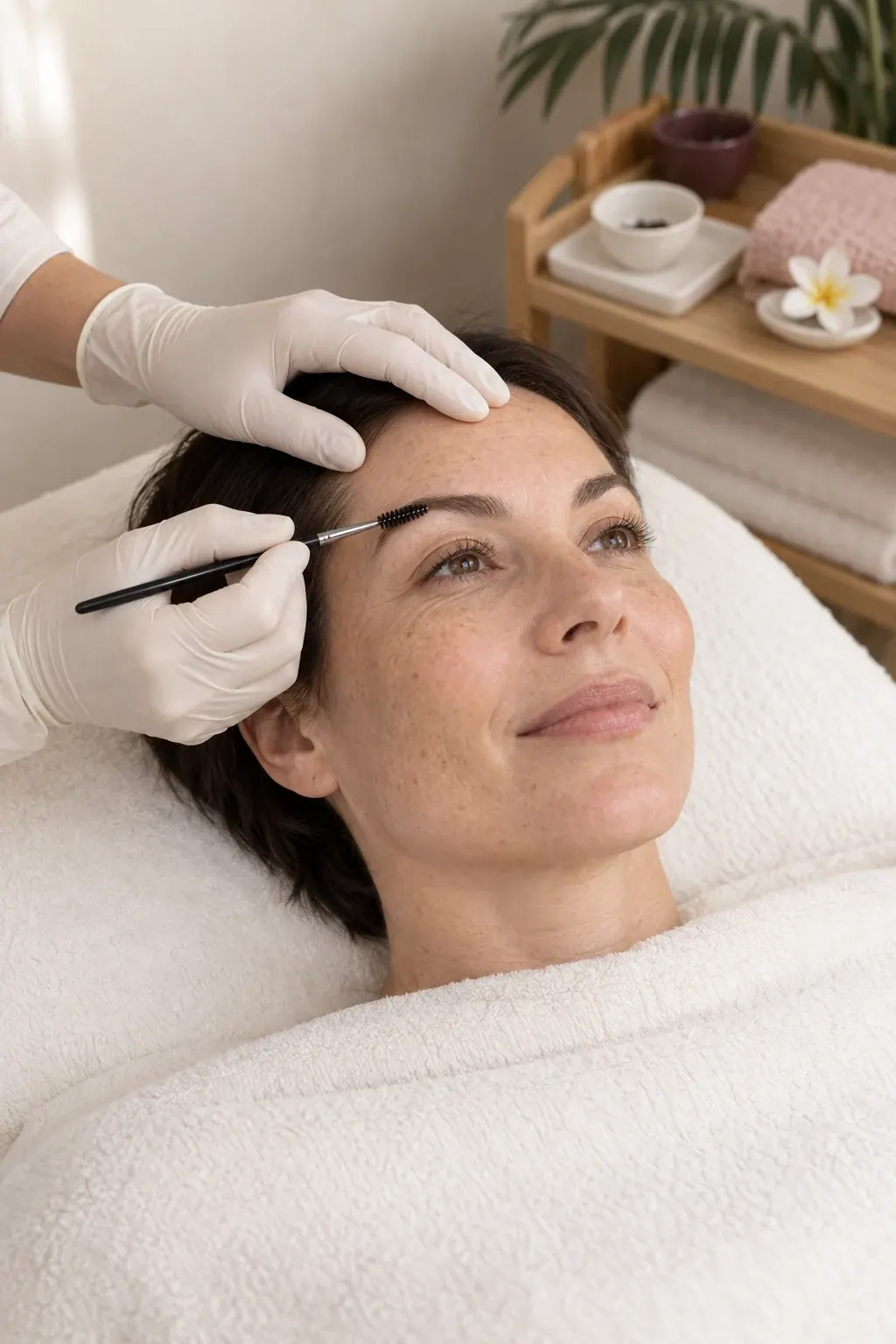 Gloved hands use a slim brush along a guest's eyebrow beside a plain tint bowl.