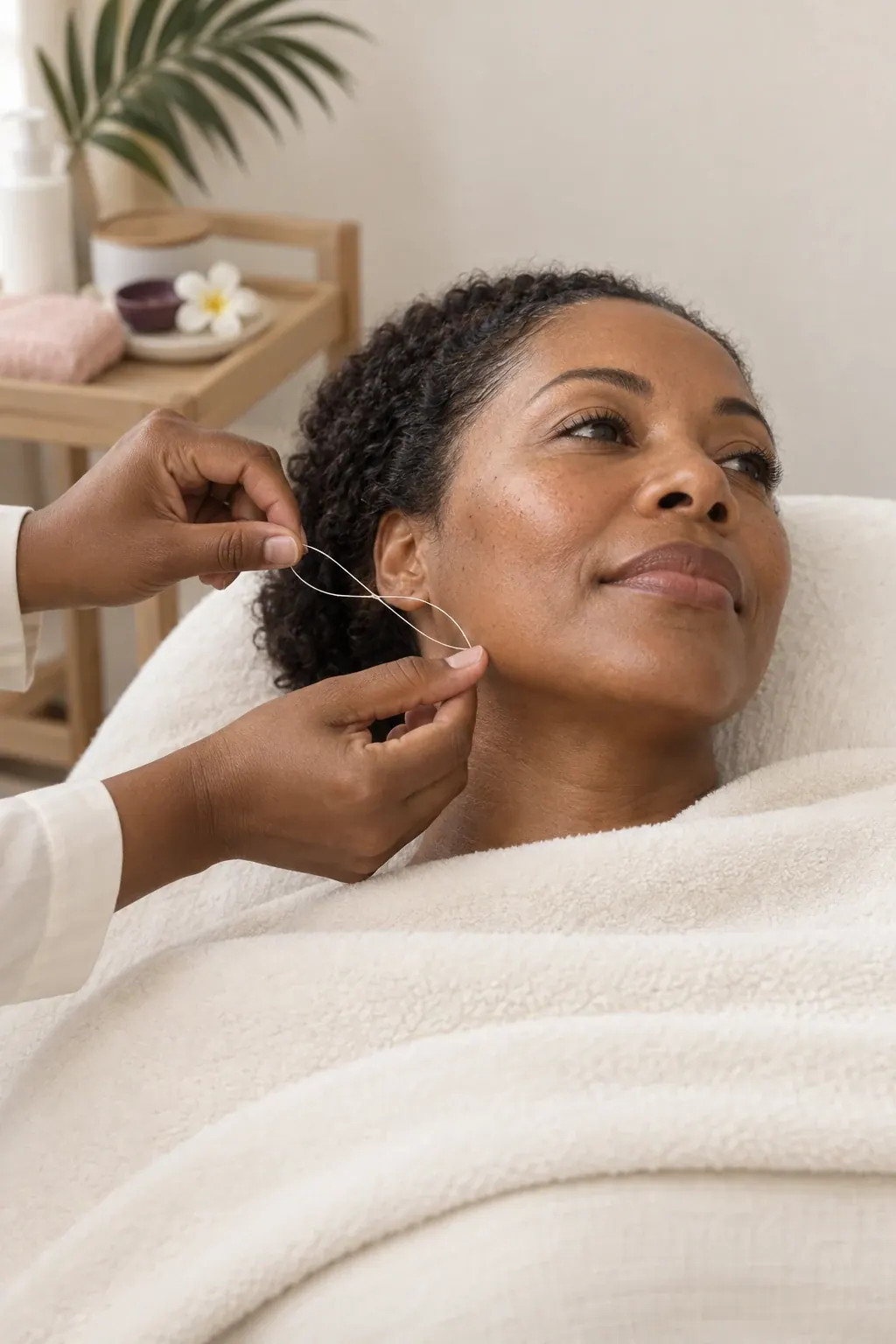 Cotton thread is held beside a guest's jaw while an ivory towel covers the body.