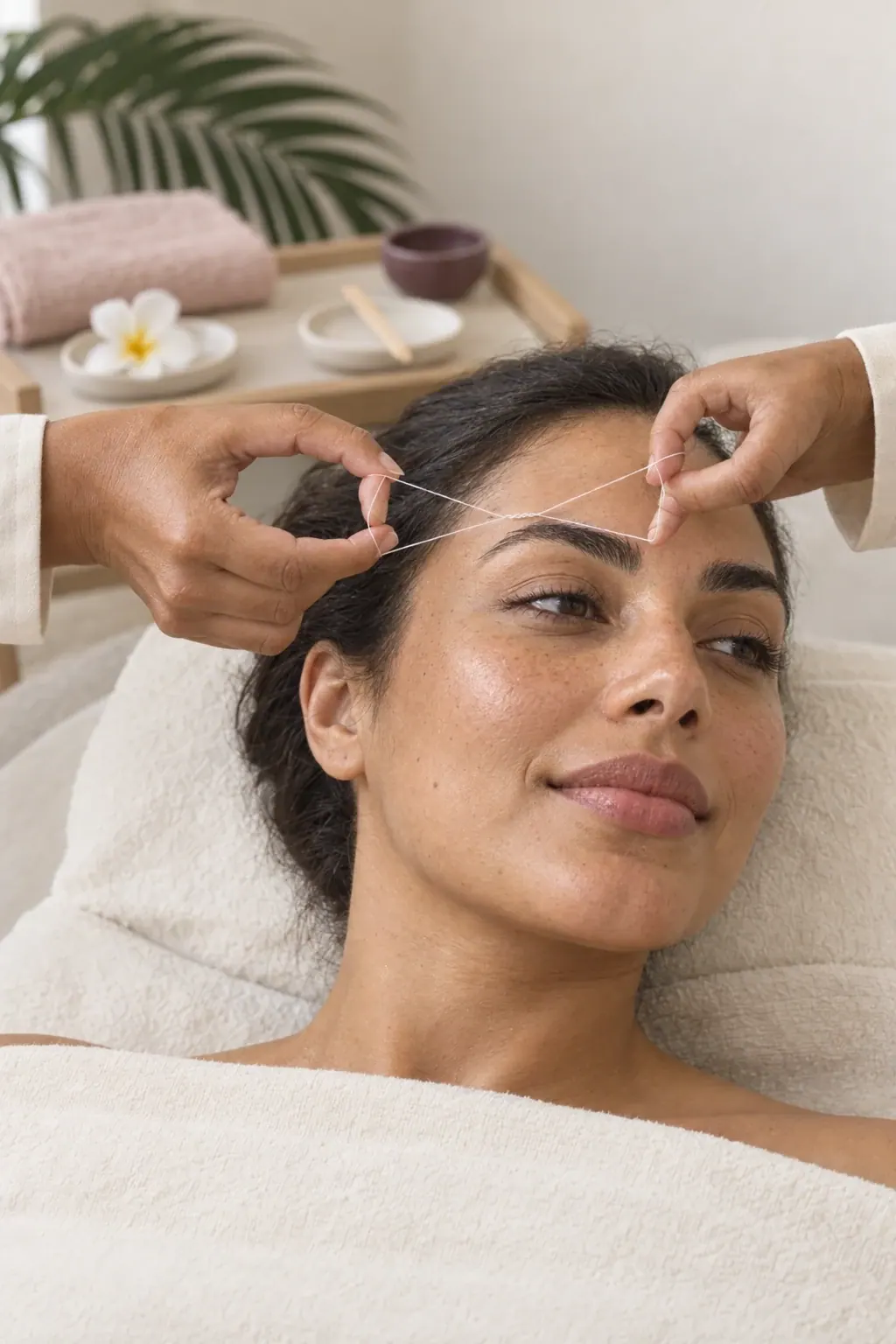 A guest receives eyebrow threading beside neatly arranged facial hair removal tools.