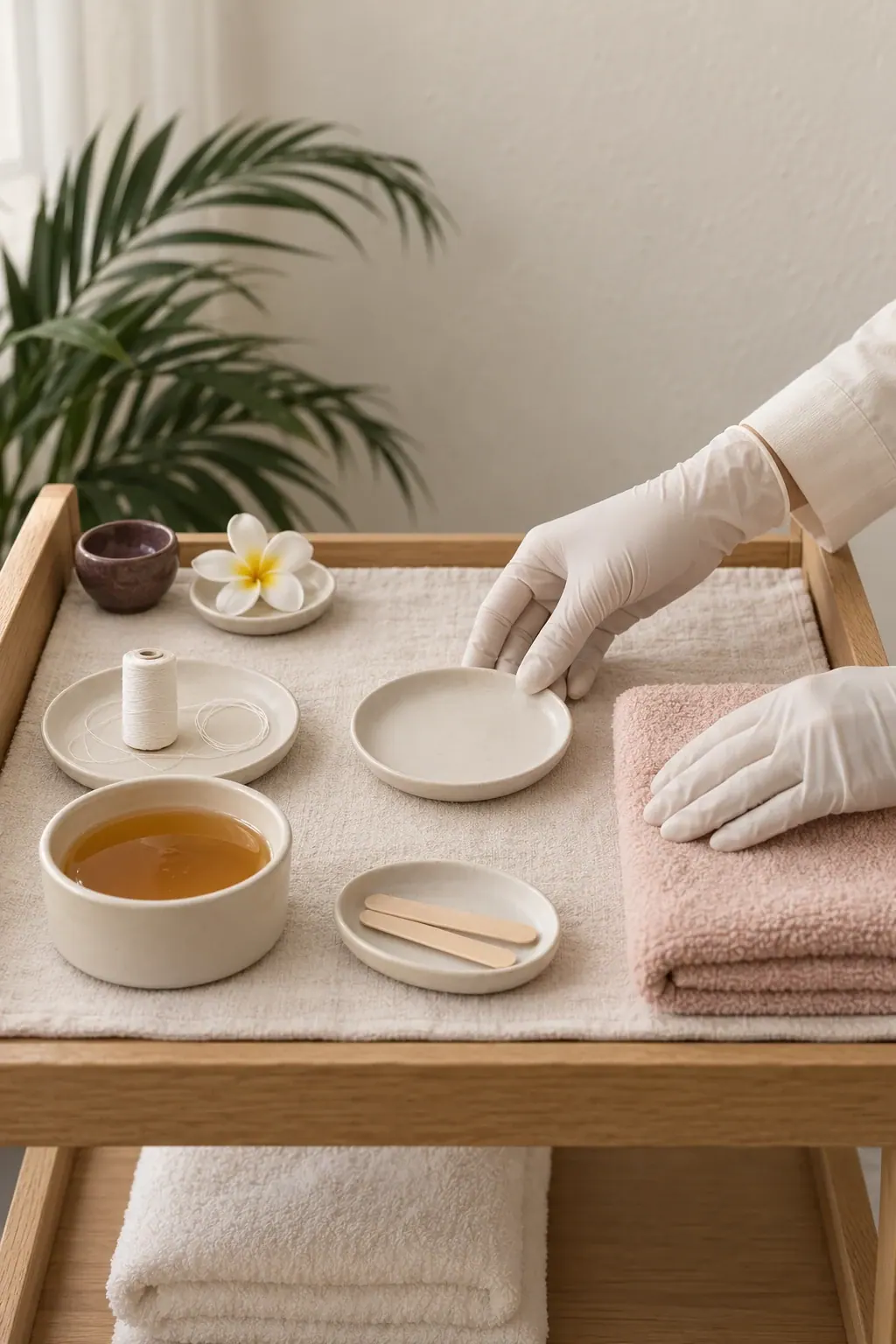 Gloved hands arrange cotton thread and wax preparation tools beside folded ivory towels.