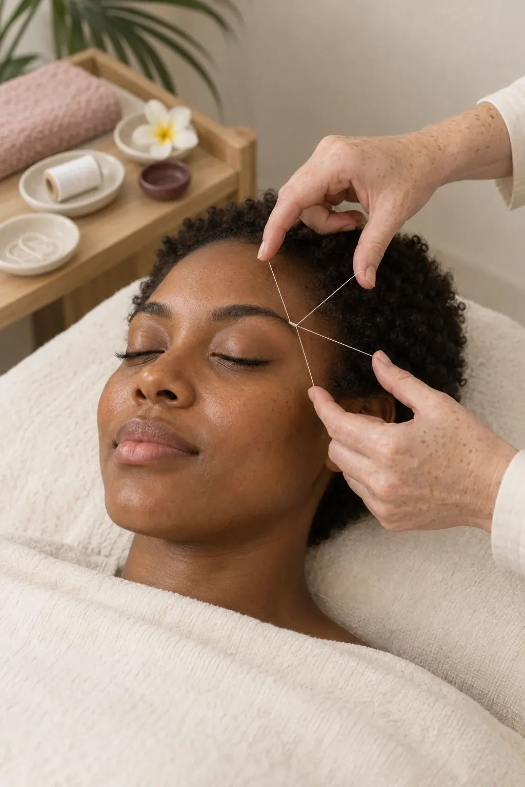 Cotton thread follows a guest's eyebrow beside tools prepared for facial threading.