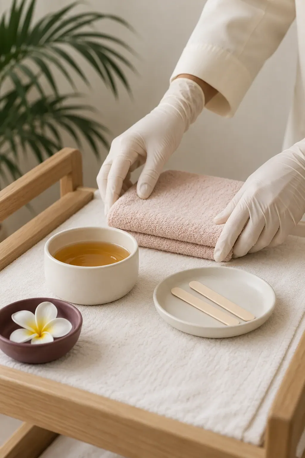 Gloved hands arrange a plain wax pot and wooden applicators beside folded ivory towels.