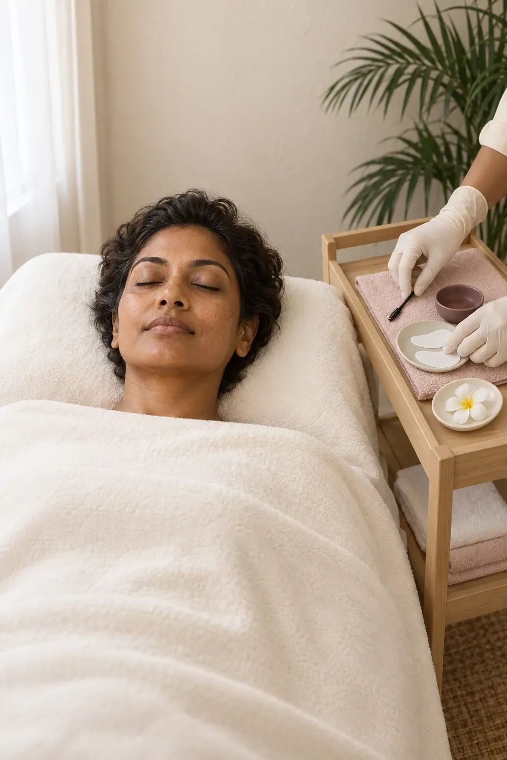 A guest rests with closed eyes while gloved hands arrange lash tinting tools nearby.