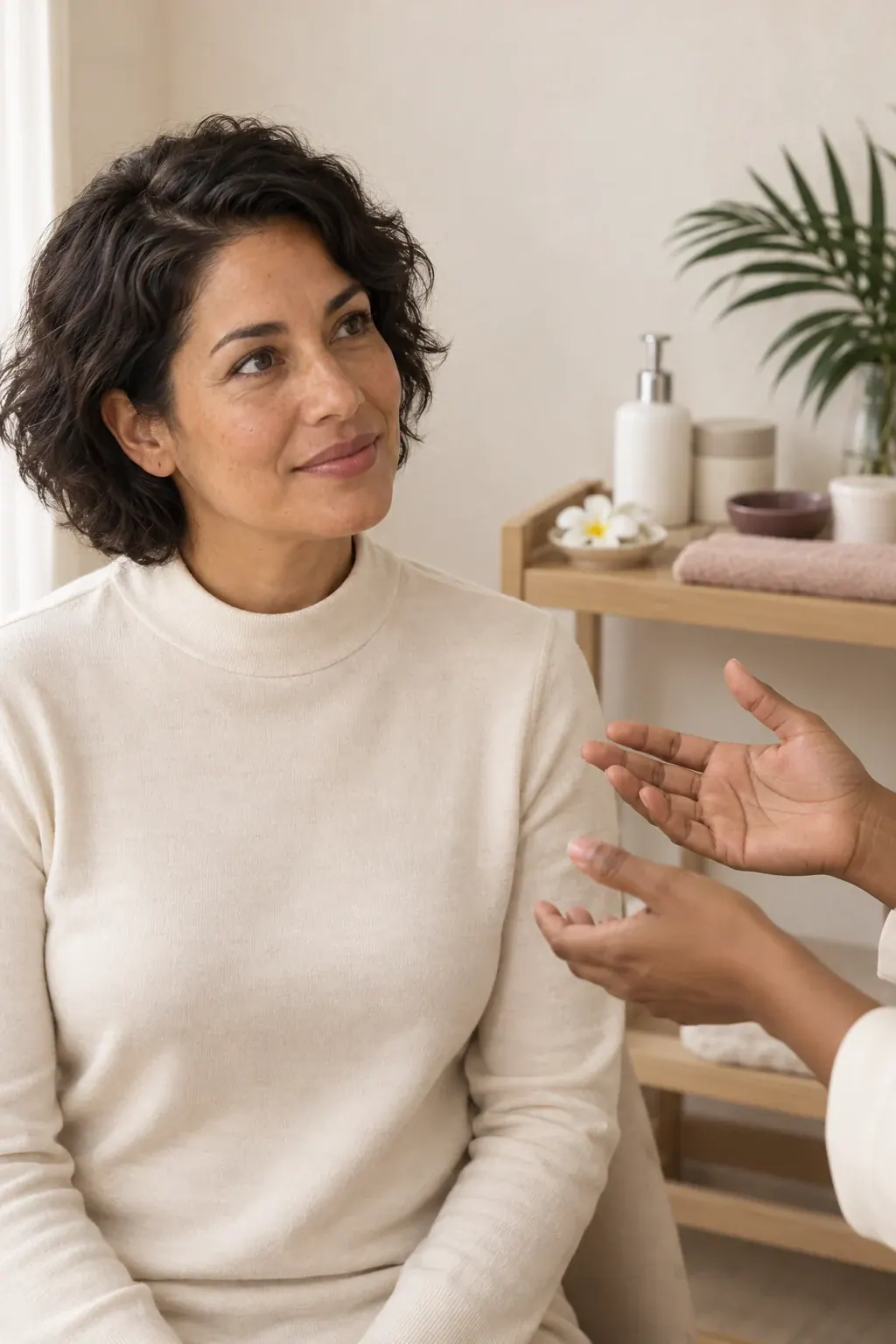 A seated guest listens while a practitioner gestures beside neatly folded towels.