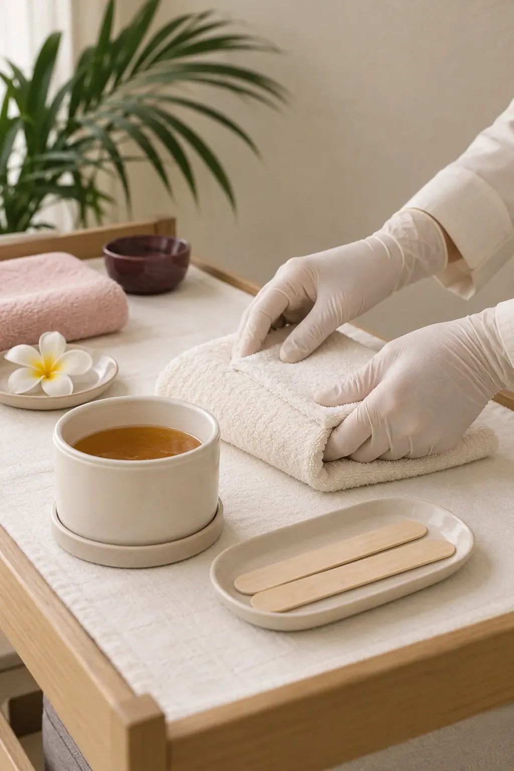 Gloved hands arrange a plain wax pot and wooden applicators beside folded ivory towels.