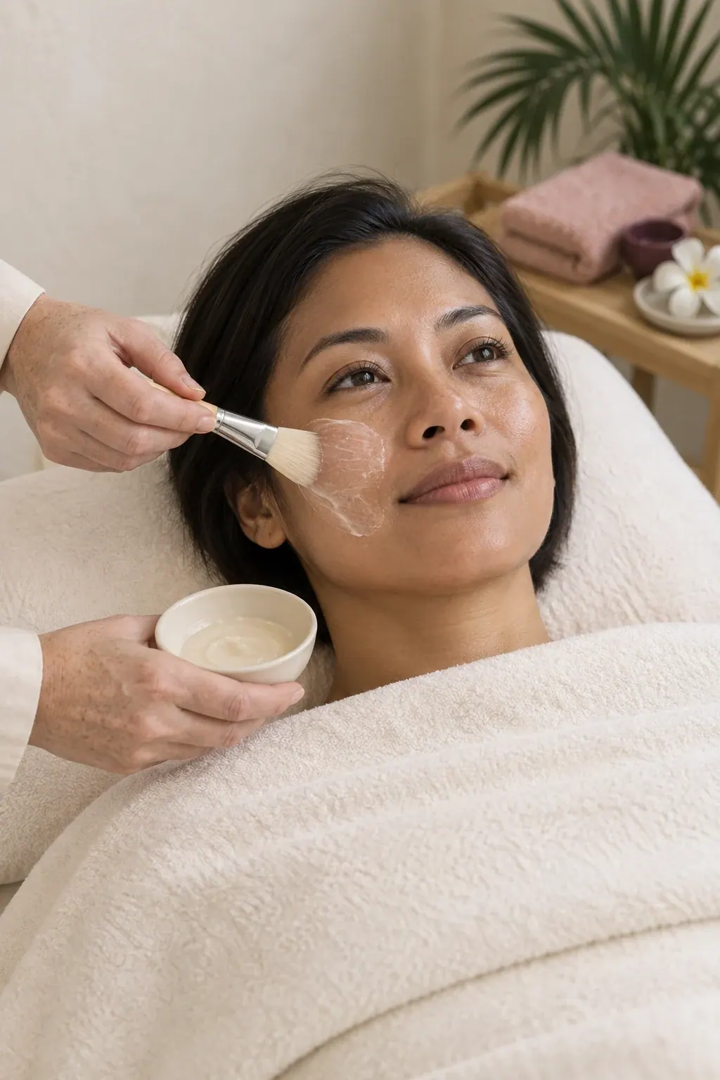 A soft brush spreads facial cream on a guest's cheek beside a plain ceramic bowl.