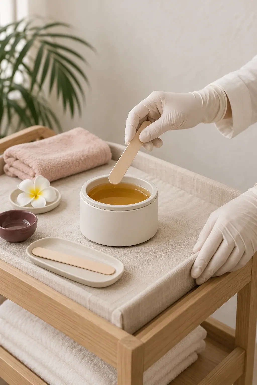 Gloved hands arrange a plain wax pot and wooden applicators beside folded ivory towels.